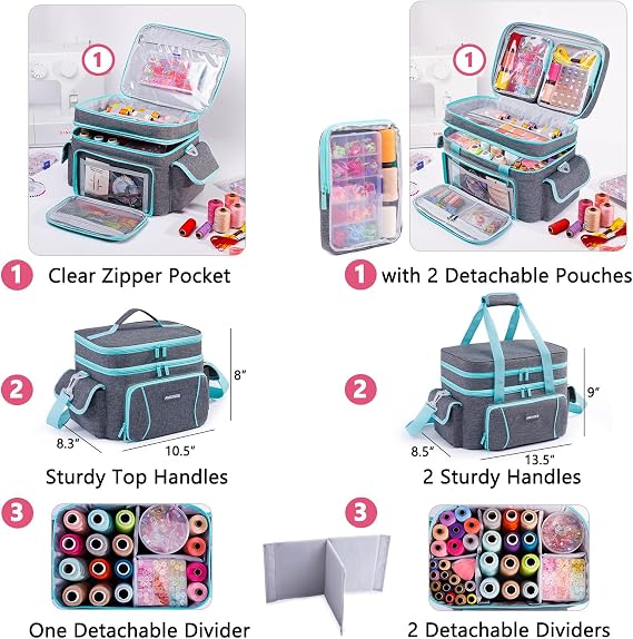 AMOIGEE Double-Layer Sewing Storage Bag – Sturdy Sewing Organizer Tote with Shoulder Strap, Elastic Loops & Adjustable Dividers for Sewing Supplies, Tools & Accessories – Versatile Sewing Box & Basket