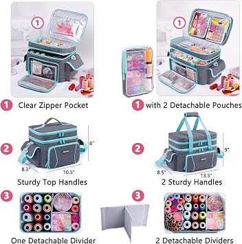 AMOIGEE Double-Layer Sewing Storage Bag – Sturdy Sewing Organizer Tote with Shoulder Strap, Elastic Loops & Adjustable Dividers for Sewing Supplies, Tools & Accessories – Versatile Sewing Box & Basket