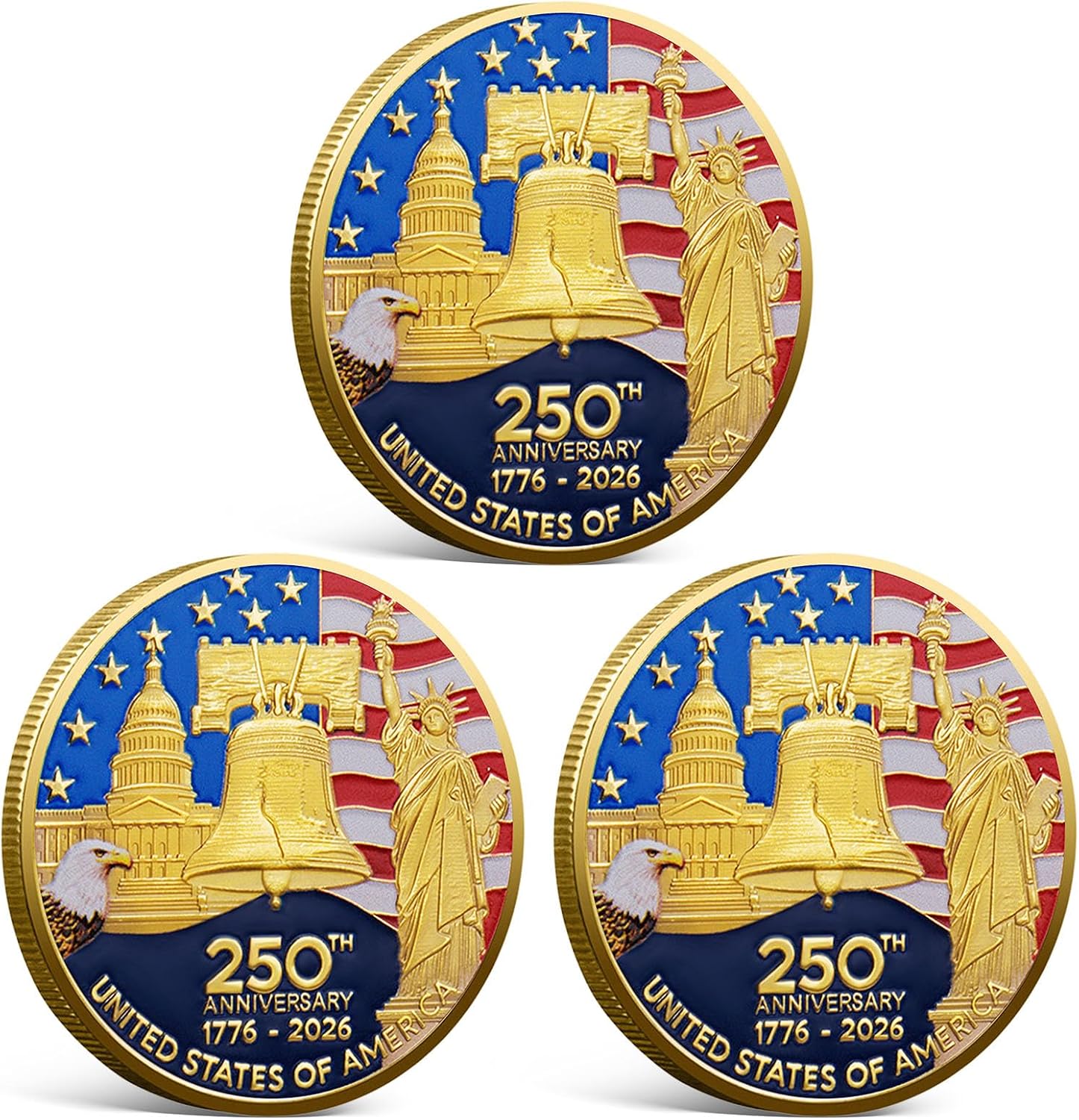 USA 250th Anniversary Commemorative Coin 1776-2026, America 250 Patriotic Challenge Coin, Double-Sided Collectible Token with Liberty Bell & American Eagle, US 250th Anniversary Souvenir Gift(3PCS)