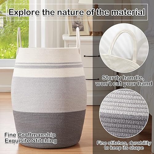 Miniatura 3 de Cesta de lavandería tejida de cuerda grande de 25.6 pulgadas de altura con asas extendidas para almacenamiento de ropa, juguetes en dormitorio,