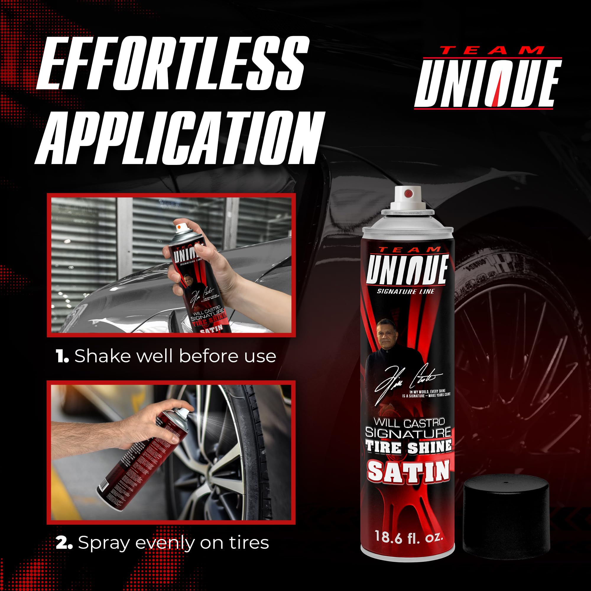 TEAM ÚNICO Tire Shine Satin - 510,3 g, lote de 6 | Fórmula avanzada para un brillo satinado duradero | Protege los neumáticos contra grietas y decoloración | Spray no graso, de baja eslinga