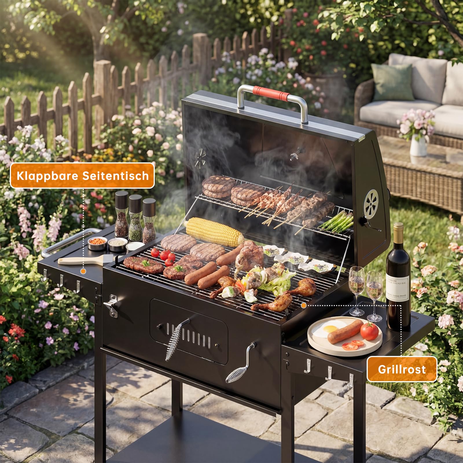 JUMMICO Tragbarer Holzkohlegrill mit Schornstein Schnellaufheizen Klappbaren Seitenbrettern Thermometer Zubehör für Familie Camping Garten BBQ