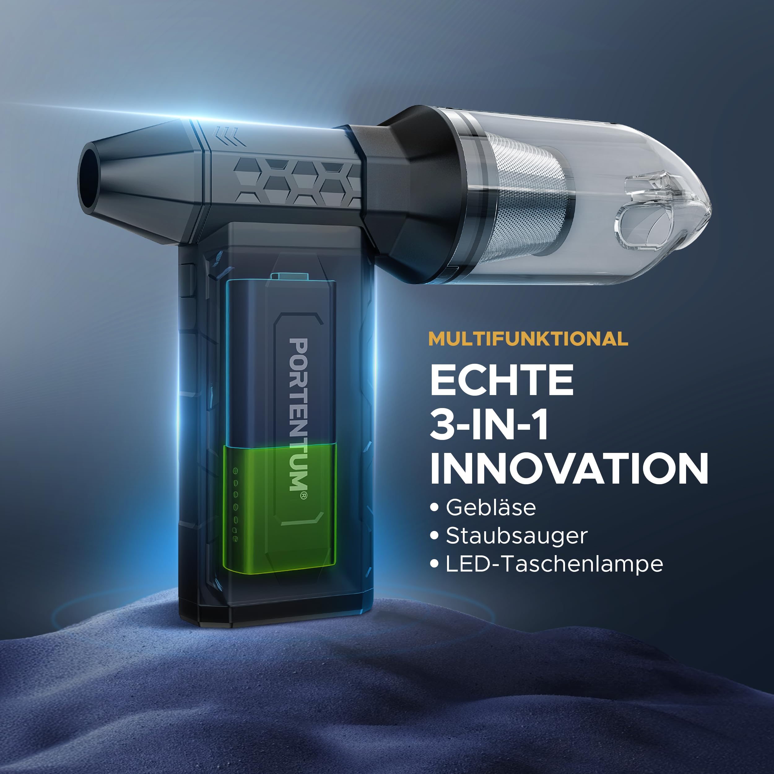 PORTENTUM 3 in 1 Staubgebläse als Druckluftspray 180 km/h – Handstaubsauger Akku 25 kPa – Doppel-LED-Taschenlampe – Set aus 25 Teilen mit 6 Düsen und 13 Bürsten – Air Duster bis zu 115 Min