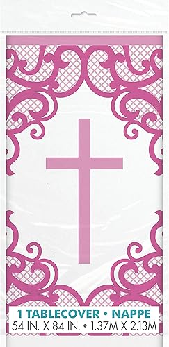 Mantel rectangular de plástico con cruz rosada, 54 x 84 pulgadas (1 unidad), elegante, desechable e impermeable, esencial para fiestas religiosas y