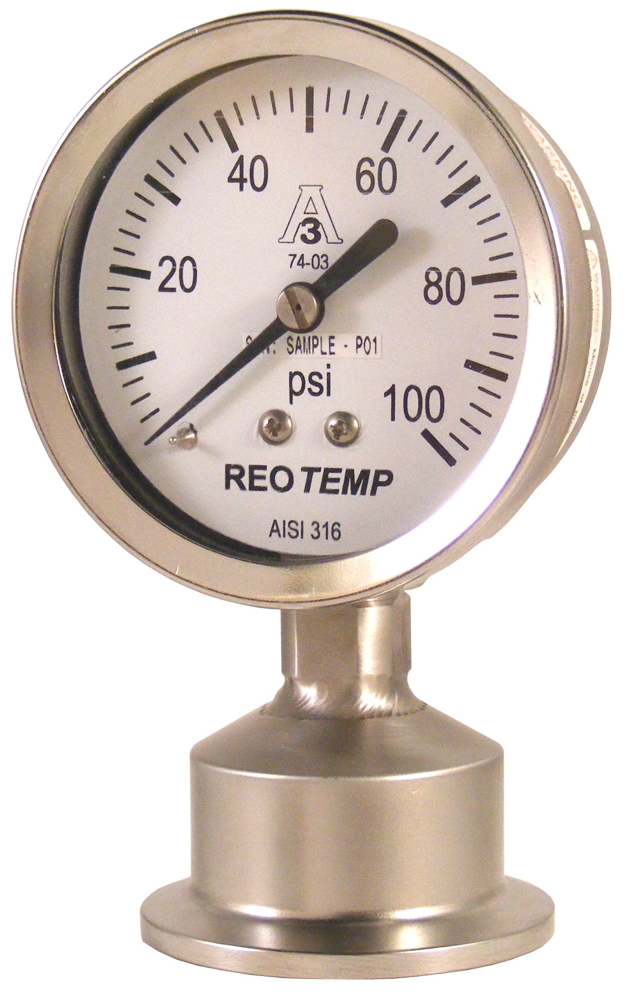 REOTEMP SG25ATC15P18 Sanitary Pressure Gauge, Glycerin-Filled, Stainless Steel 316 Wetted Parts, 2-1/2