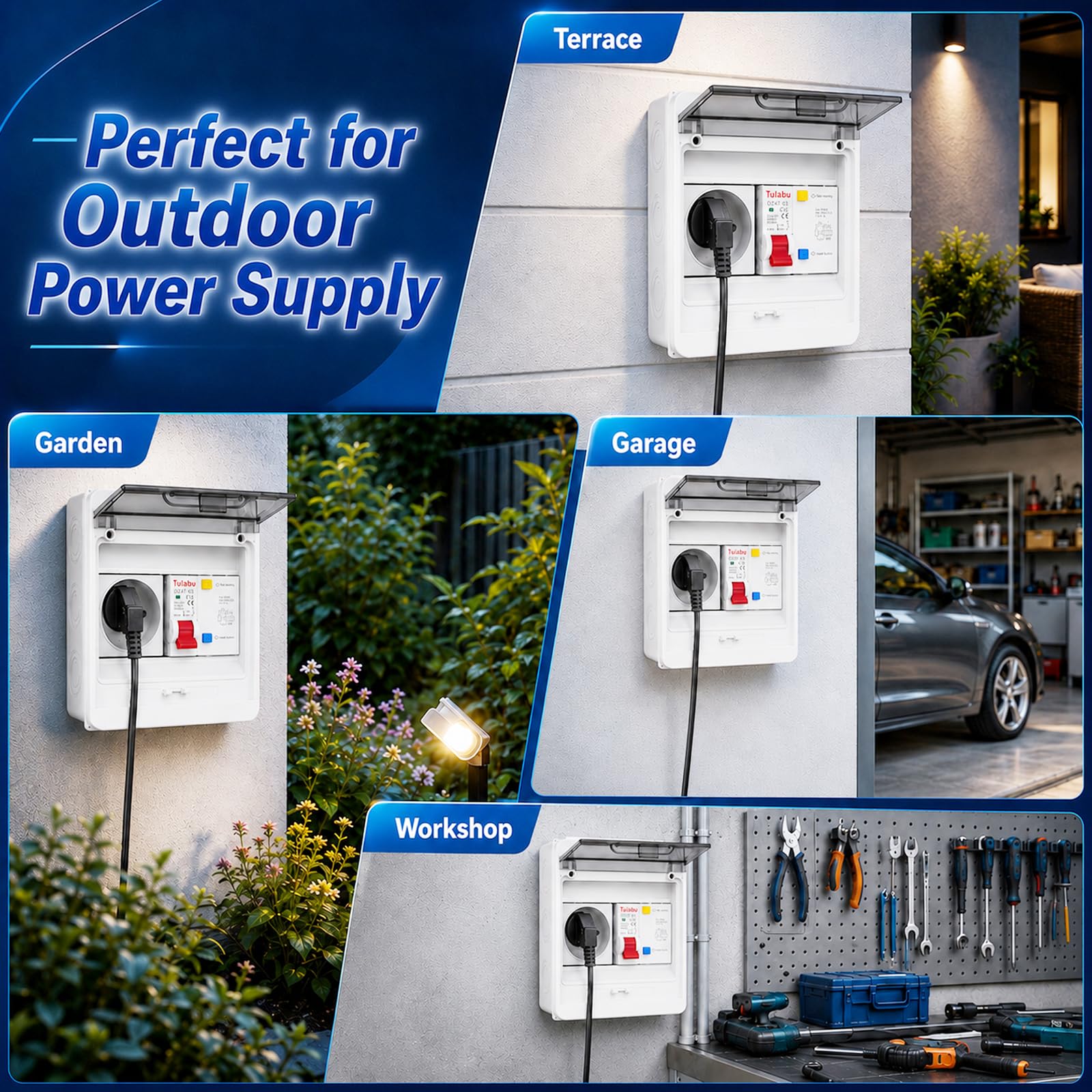 Centralino portafusibili parete IP65 con presa e RCD 16 A | Centralino portafusibili parete 1 fila con presa 16A e interruttore magnetotermico C16A 230 V, per uso interno ed esterno
