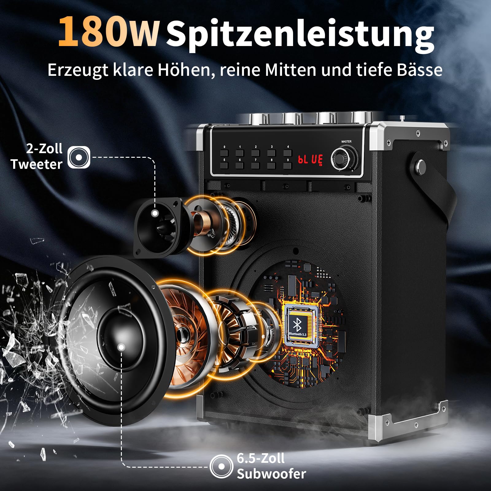 JYX Karaoke Maschine mit 2 Mikrofonen und Fernbedienung, Holzgehäuse,180W Peak, 2" Hochtöner & 6,5" Tieftöner, Bass/Echo/Mikrofonlautstärke einstellbar, TWS/TV, für Familienfeiern,Gartenpartys,BBQ