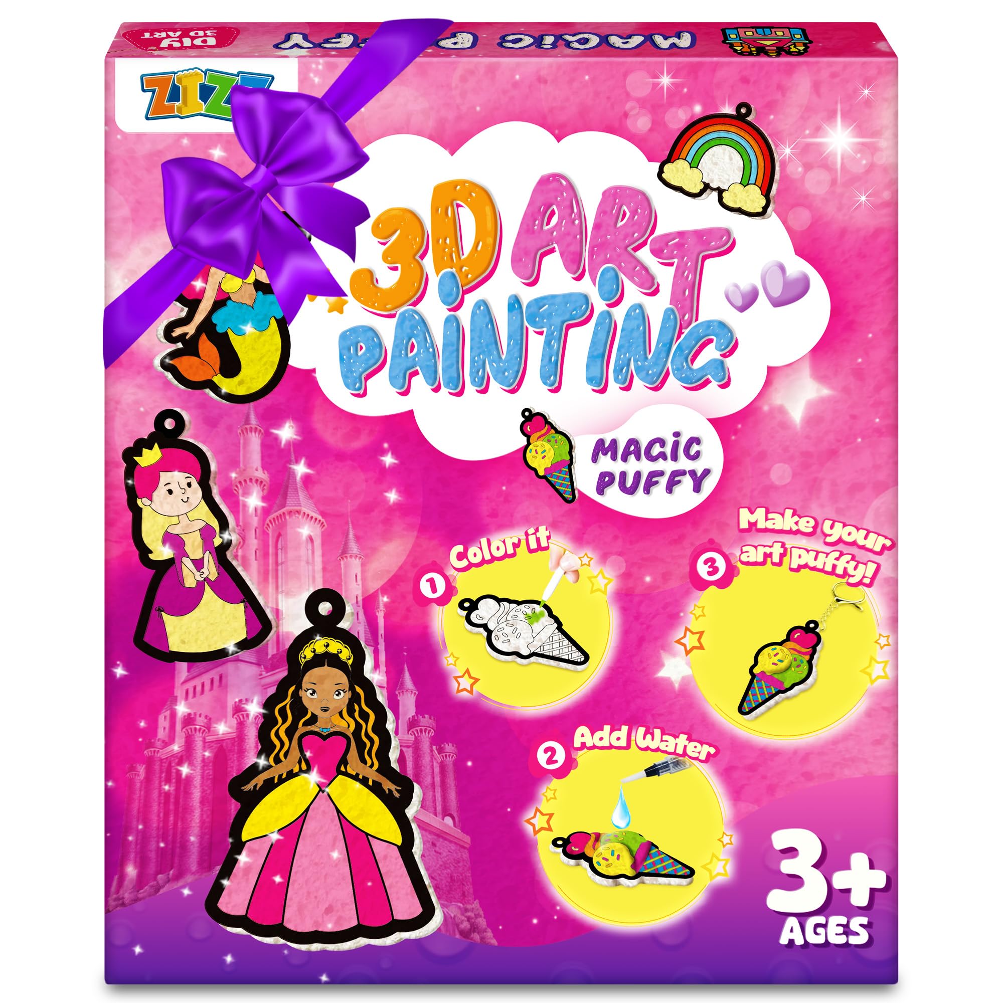ZIZZ Princess Unicorn Paint Craft Art Kit: Aqua Puff and Paint with Water Coloring Books for 4 5 6 7 8 9 10 Year Old Girls Boys