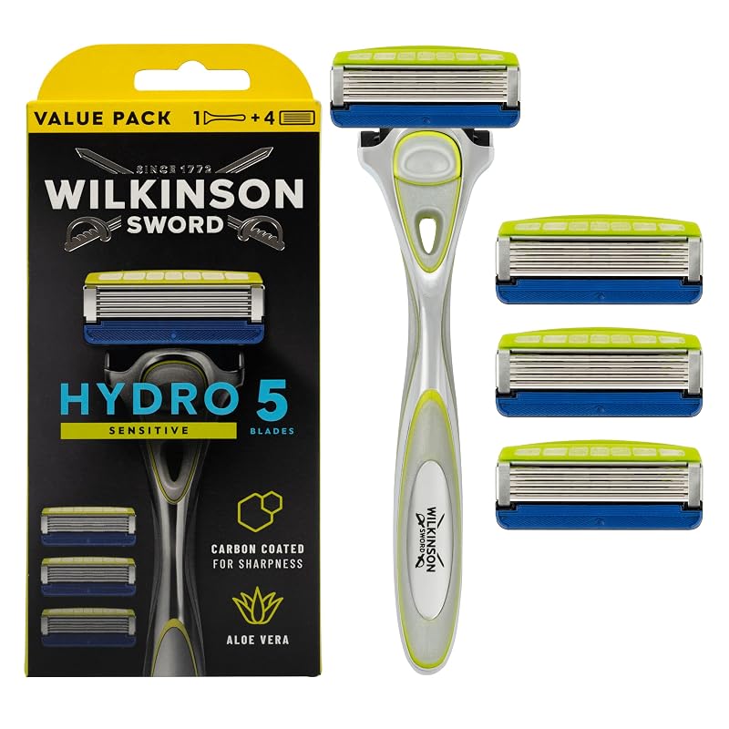 Aparelho de barbear Wilkinson Sword Hydro 5 Sensitive com 5 lâminas, cabo, 3 lâminas e aparador retrátil, conjunto com 4 peças, multicolorido