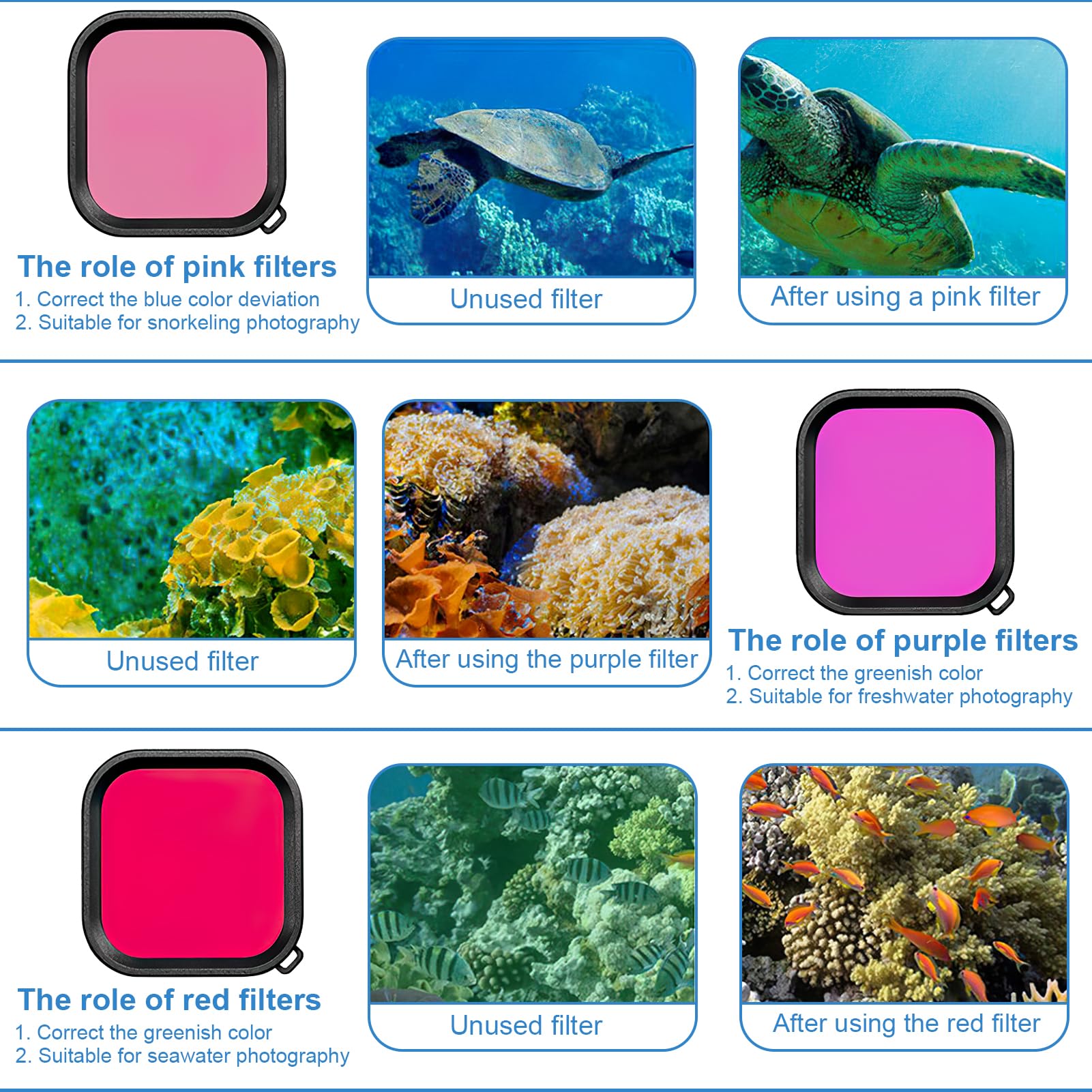 3 in 1 Snorkel Diving Underwater Filtro, Filtro Subacqueo Polivalente, Colori Rosso/Rosa/Viola, 3 Pcs, Massima Nitidezza e Colori Vividi per Immagini Subacquee Eccezionali, Adatto per GoPro 5,6,7
