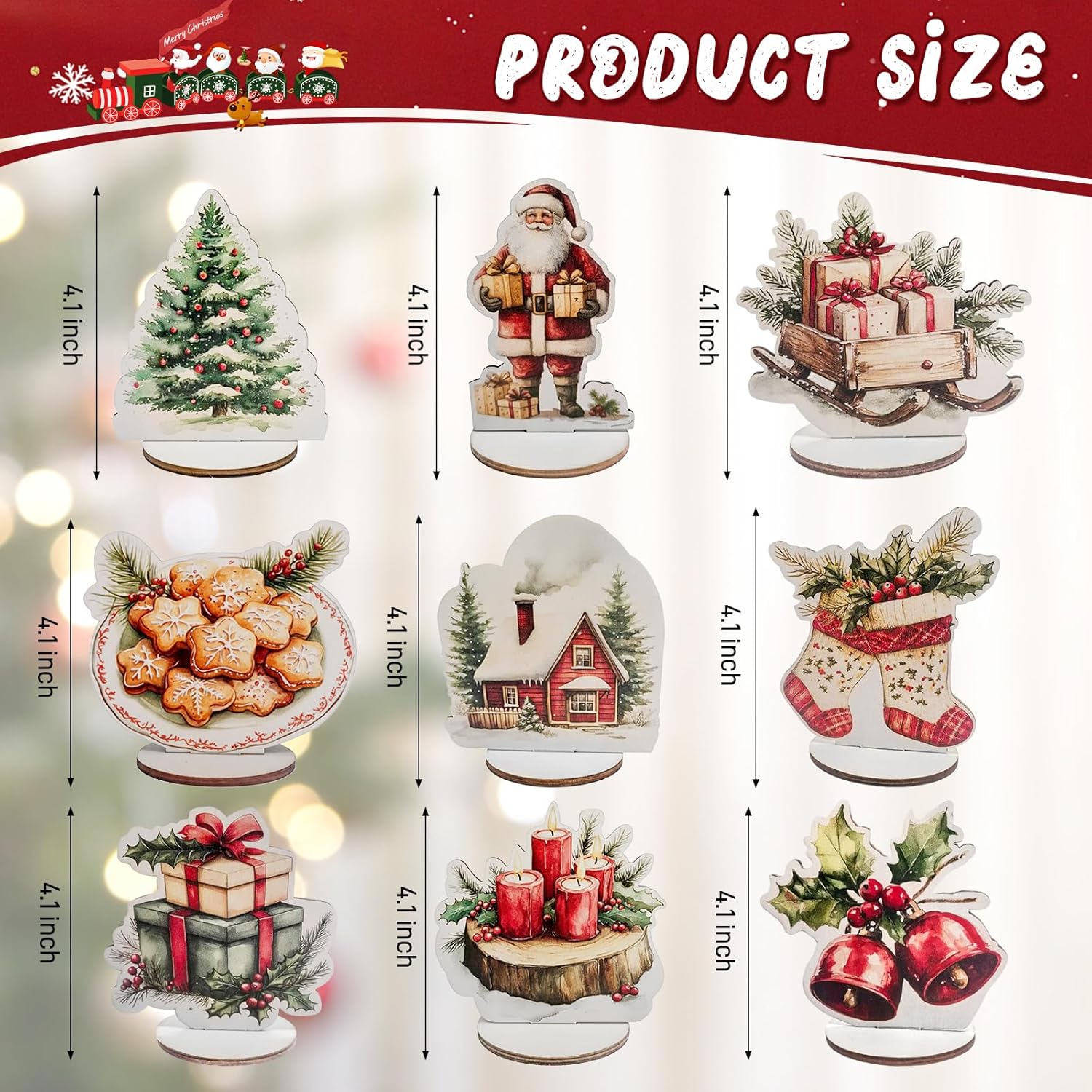 Wooden Christmas Table Centerpiece Decorations, Holiday Ornaments with Santa, Stocking, Tree Design, 9 Piece Set with Stand - Image 2