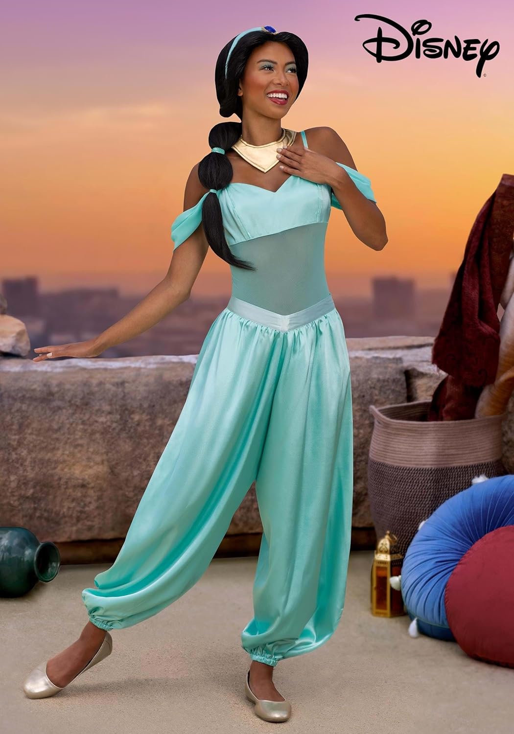 Disney Aladdin Jasmine Costume for Women - Arabian Princess Bodysuit, Pants, Headband & Necklace - Officially Licensed