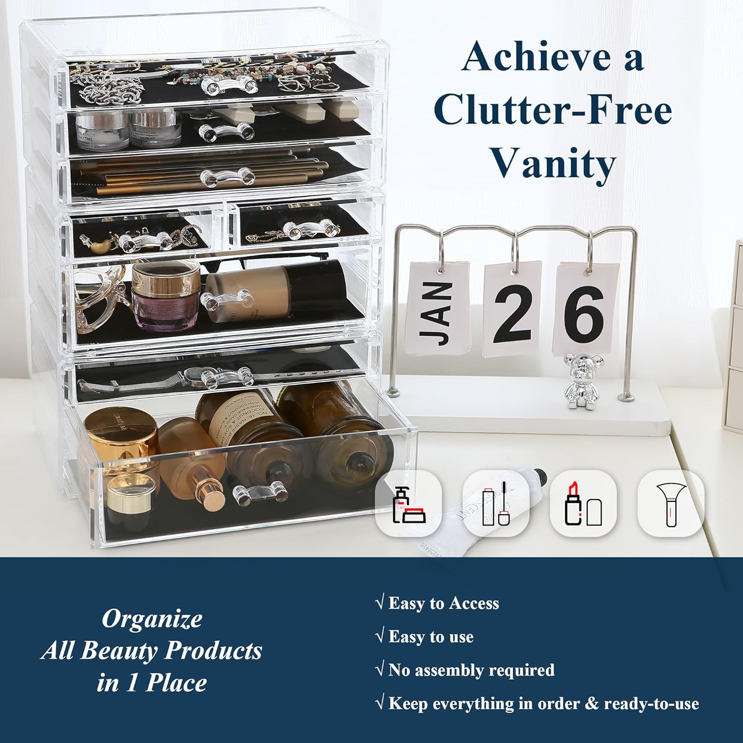 Sea Team 3-Tier Stackable Clear Makeup Organizer with Drawers, Acrylic Plastic Cosmetic Display Case, Jewelry Storage Box, Holder for Dresser, Bathroom, Vanity, Countertop (8 Drawers) - Image 3