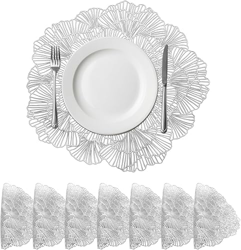 Miniatura 11 de uxcell Juego de 6 manteles individuales redondos de flores rosas para mesas de cena, manteles individuales metálicos de polivinilo prensado,