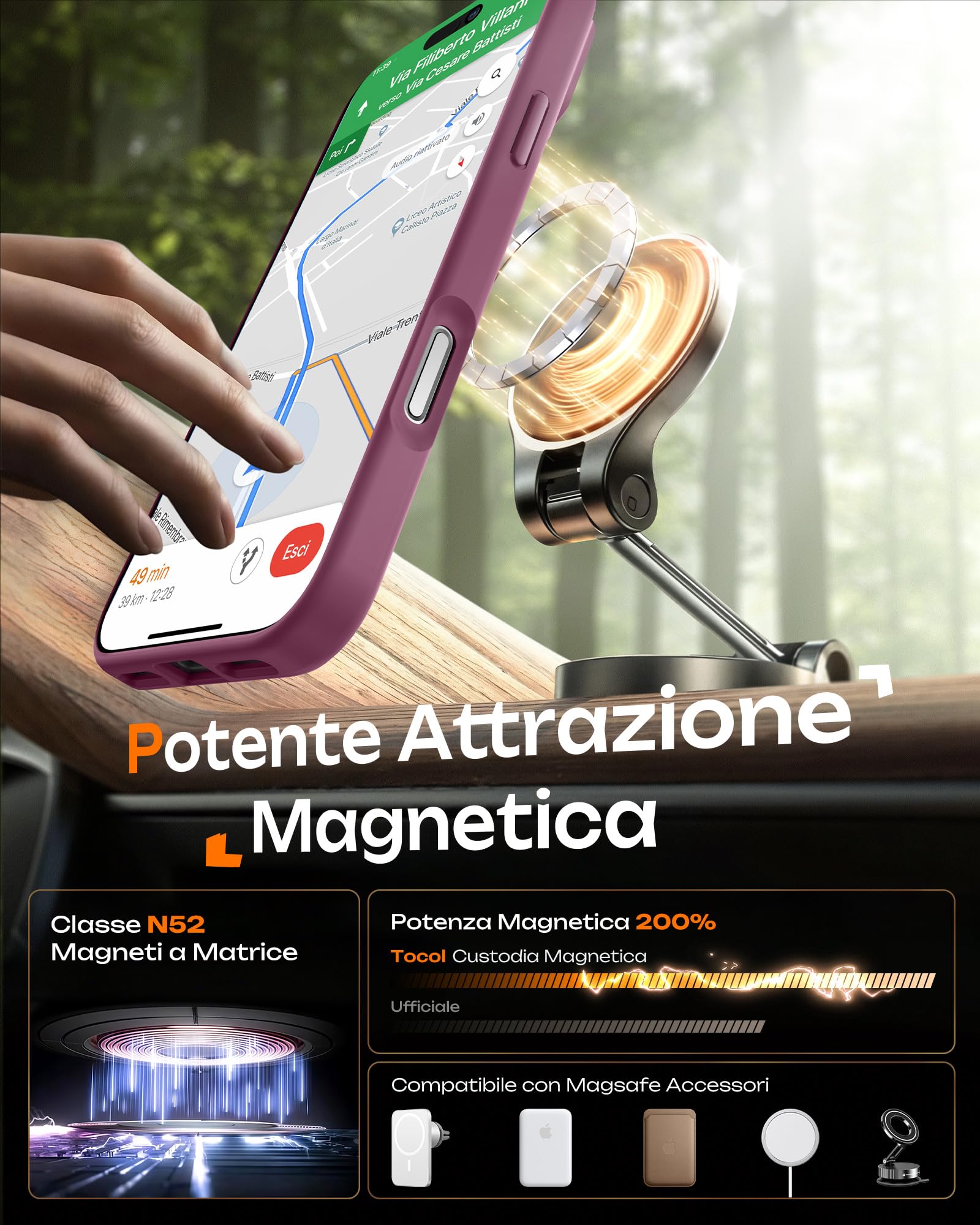 TOCOL Cover Magnetica per iPhone 16 Pro 6,3 Pollic, Compatibile con MagSafe, Protezione Fotocamera Integrata, Custodia Antiurto Traslucida Opaca, Prugna