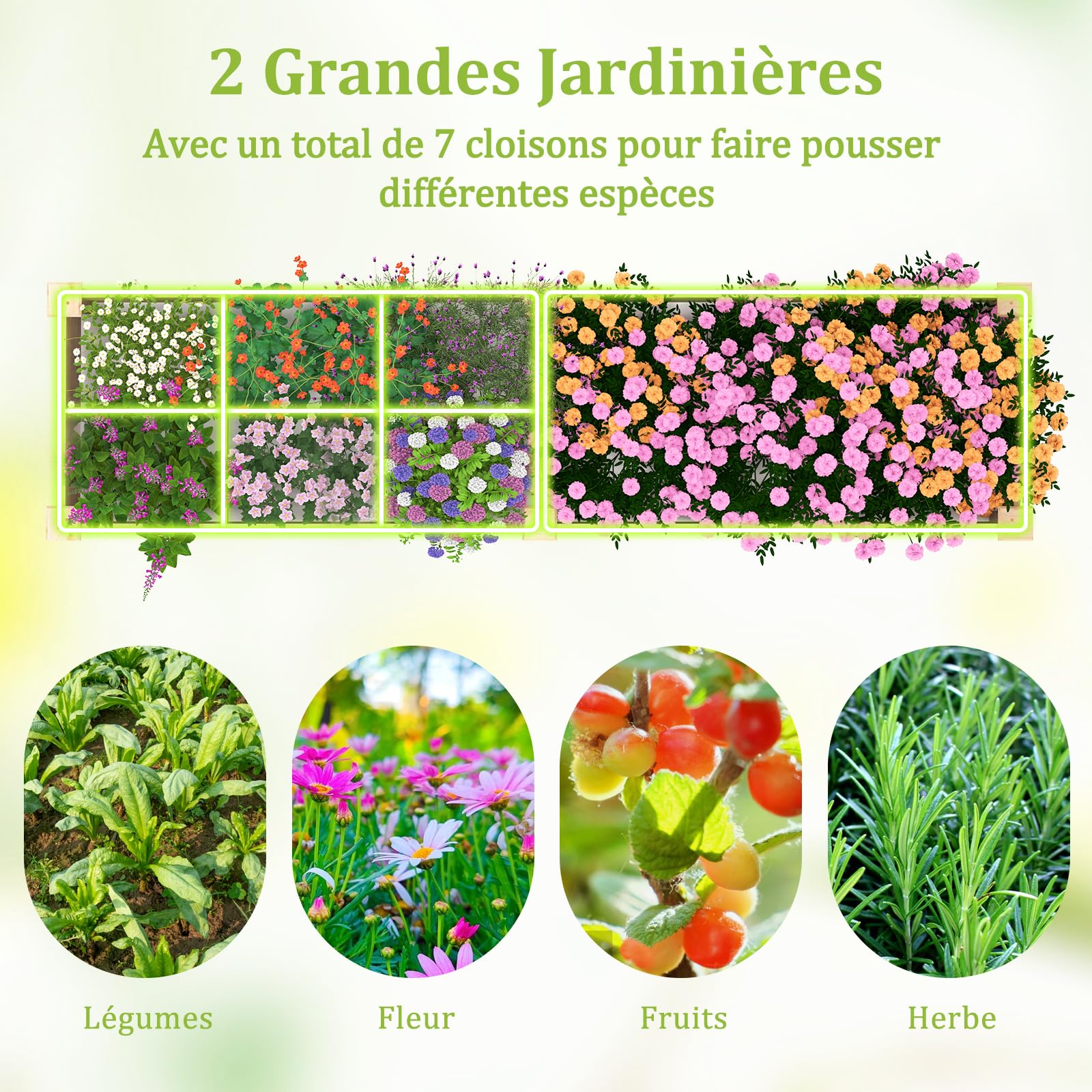 GOPLUS Carre Potager en Bois de Sapin 228x62x25 CM avec Fond Ouvert, Potager Exterieur avec 1 Grand Bacs à Plantation et 6 Petit Bac pour Fleurs Légumes Fruits Herbes, Idéal pour Balcon (Brun)