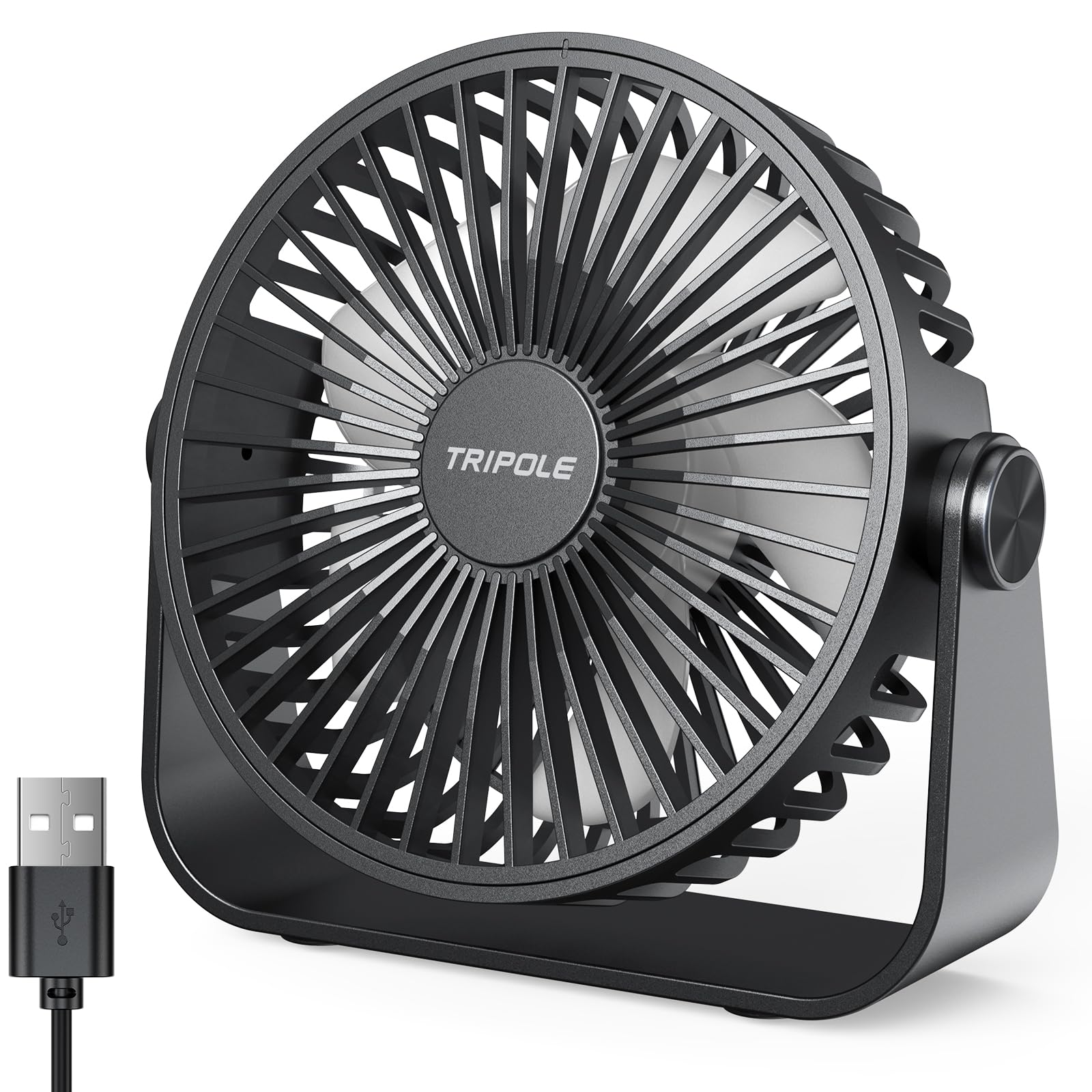 TriPole USB Desk Fan Portable Mini Fan Powerful 3 Speeds Wind Personal Desktop Fan with 360° Head Rotation for Home Office Car Indoor Outdoor Black, No Battery, 4.5 Inches