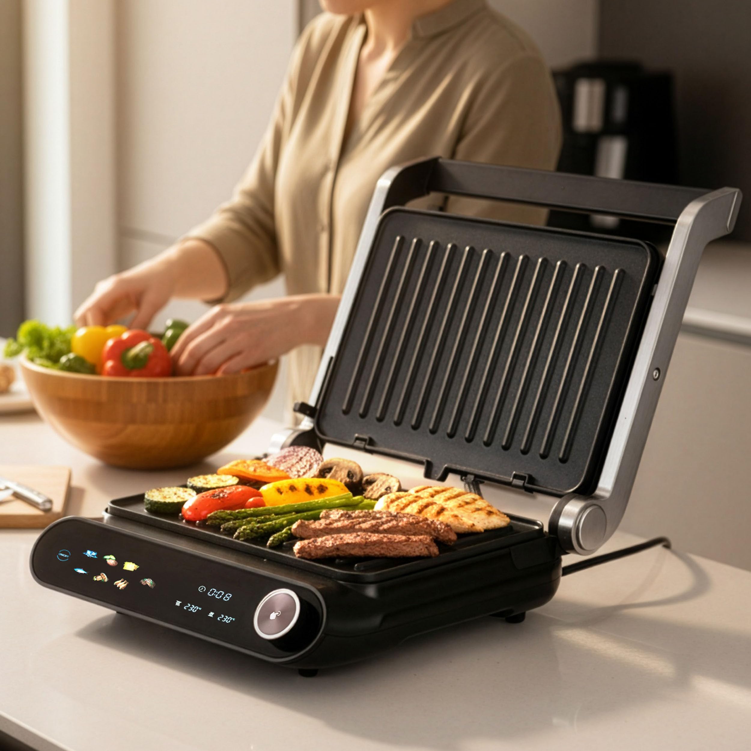 LEHMANN Bistecchiera Elettrica, 2000 W, Apertura 180°, Piastre Antiaderenti Rimovibili, 10 Programmi, Regolazione Temperatura 90-230°C, Timer 1-240 min, Griglia per Cucinare Carne, Pesce e Verdure
