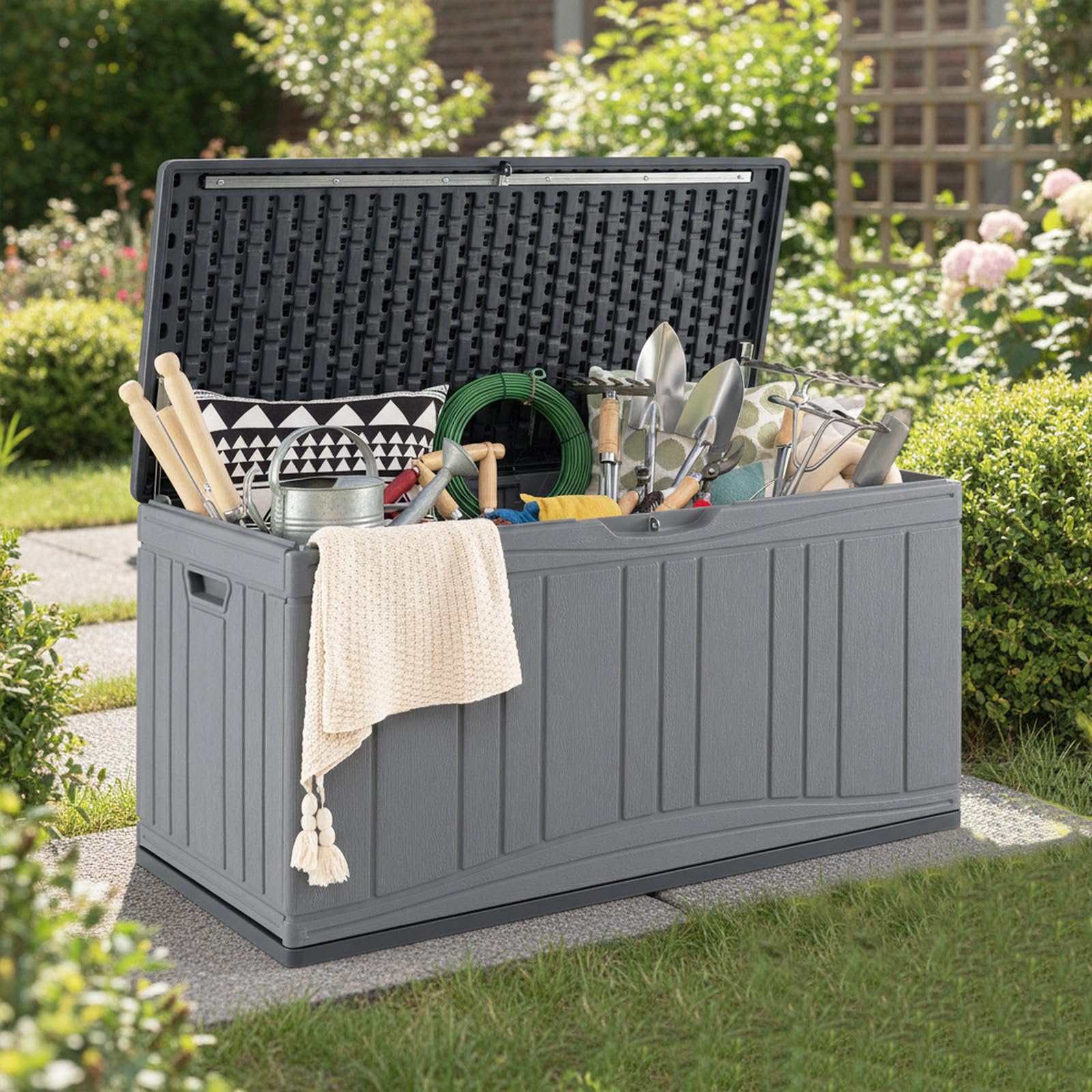 COSTWAY Baule da Esterno 300L Impermeabile in Resina, Cassapanca Contenitore da Esterno con Pistoni a Gas, Predisposizione per Serratura e 2 Maniglie Laterali, Resistente, 114 x 55 x 61 cm (Grigio)