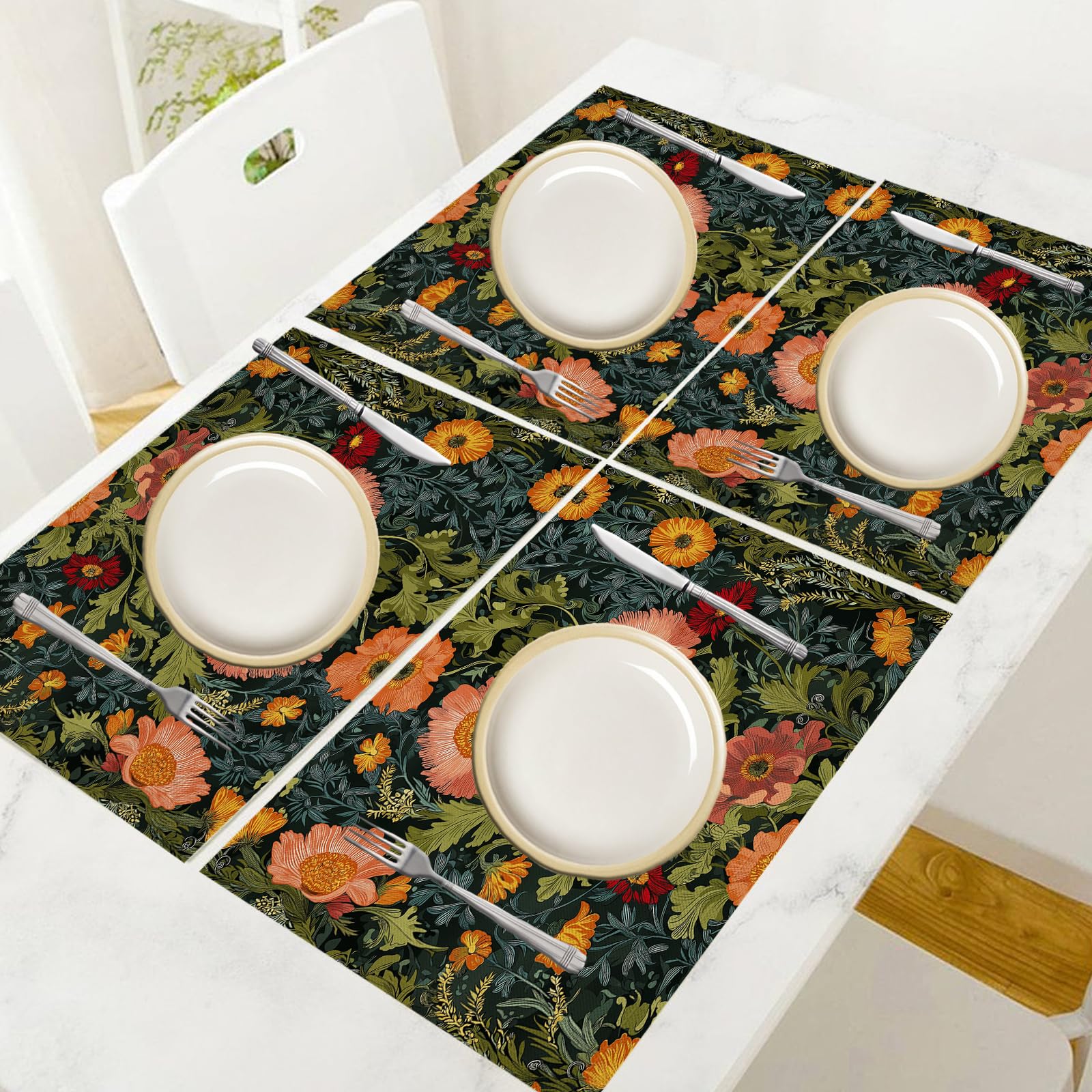 Set di 8 Tovagliette Americane Lavabili Cotone Lino Fiori Squisiti - Tovaglietta Americana Stoffa Resistenti al Calore Durevole Margherita Rampicante- per Colazione Pranzo