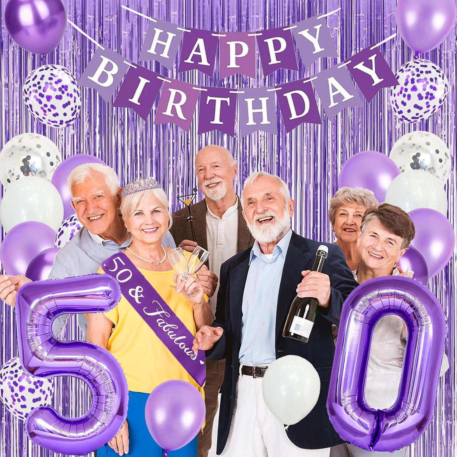 Trgowaul 50th Birthday Decorations for Women, Banner, Sash and Crown, Cake Topper, 50 Number Balloon, Fringe Curtains, Purple 50th Birthday Party Supplies