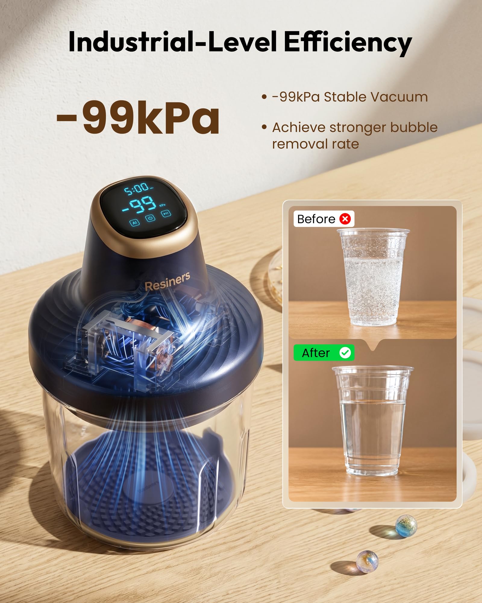 Resiners Airless Pro3 Machine à Éliminer les Bulles Résine, Chambre à Vide 99kPa (22L/min), Élimine 99% Bulles en 3 Min, 3.2L Grande Capacité pour Époxy, Résine UV, Silicone et Travaux de Joaillerie