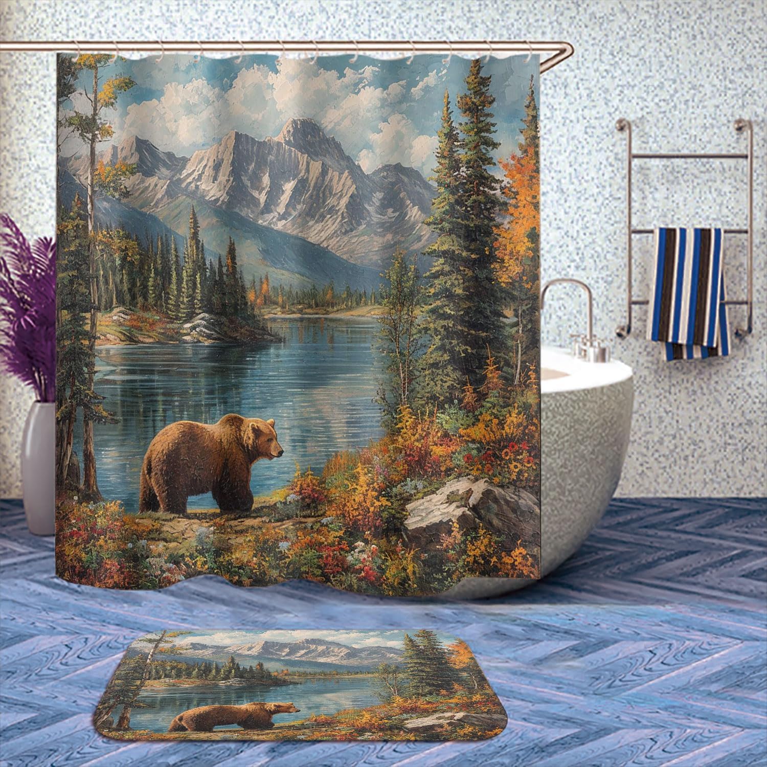 4 Pcs Black Bear Bathroom Shower Curtain Set with Rugs,Toilet Lid Cover, Bath Mat, Wildlife Bear Vintage Cabin Forest Waterfall Bathroom Decor Sets Accessories with 12 Hooks