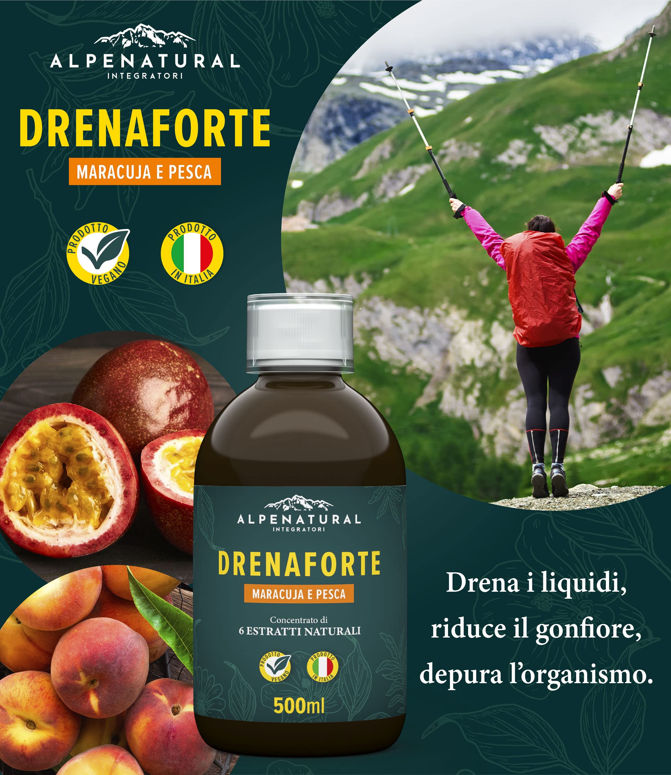 Drenaforte | Drenante forte, Concentrato di 6 Estratti Naturali, Drenante, Diuretico, Detox, Depurativo Naturale, Ritenzione Idrica | Maracuja e Pesca, Vegano, 500 ml