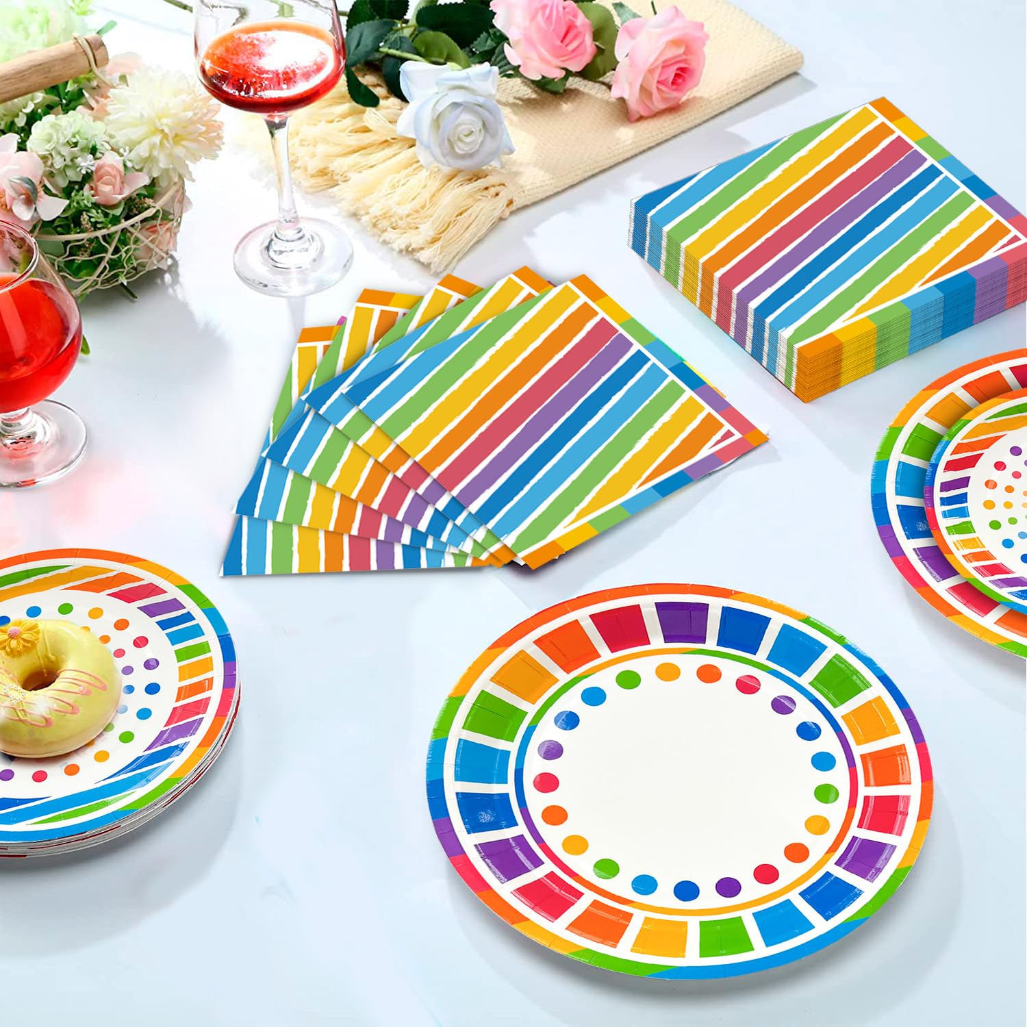 Tęczowa dekoracja urodzinowa dla dziewczynki talerz papierowy obrus balony naczynia imprezowe