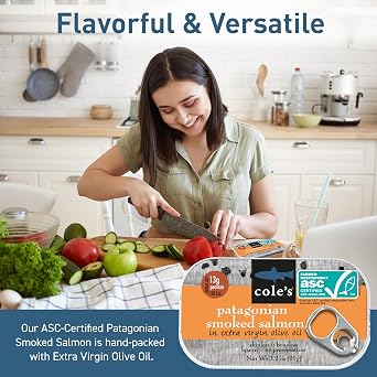 COLE'S SEAFOOD - Hand Packed Smoked Salmon in Olive Oil, Preservative Free Seafood, Canned Fish, High in Protein and Omegas, 3.2 oz Can | Single