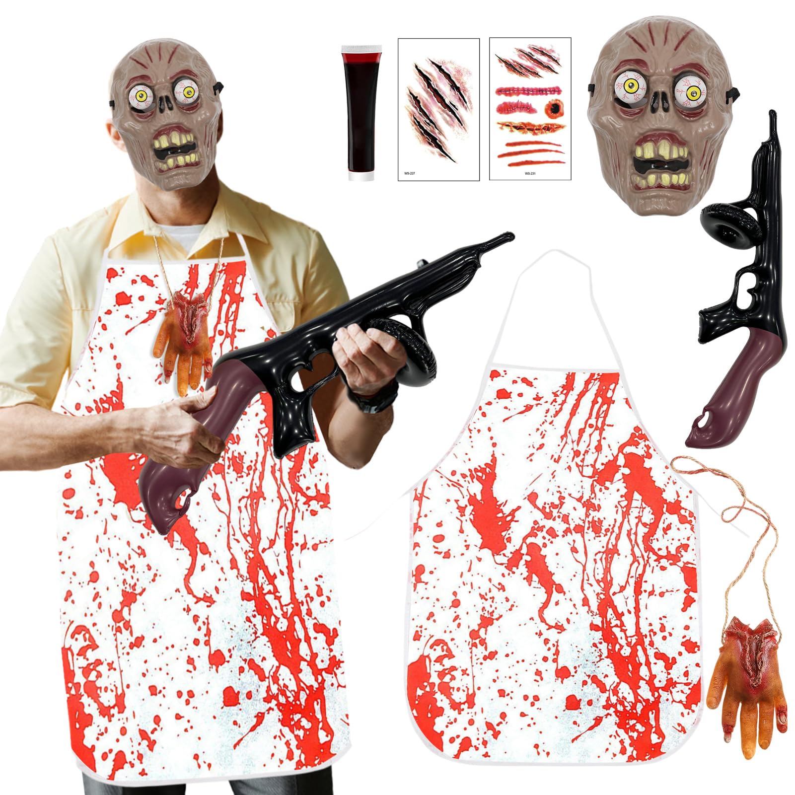 Disfraz de Halloween para Hombres Adultos Máscara de Terror Delantal Sangriento Pistola Inflable Sangre Falsa Cicatriz Tatuaje Etiqueta Robo Carnicero Traje de Ladrón Mascarada