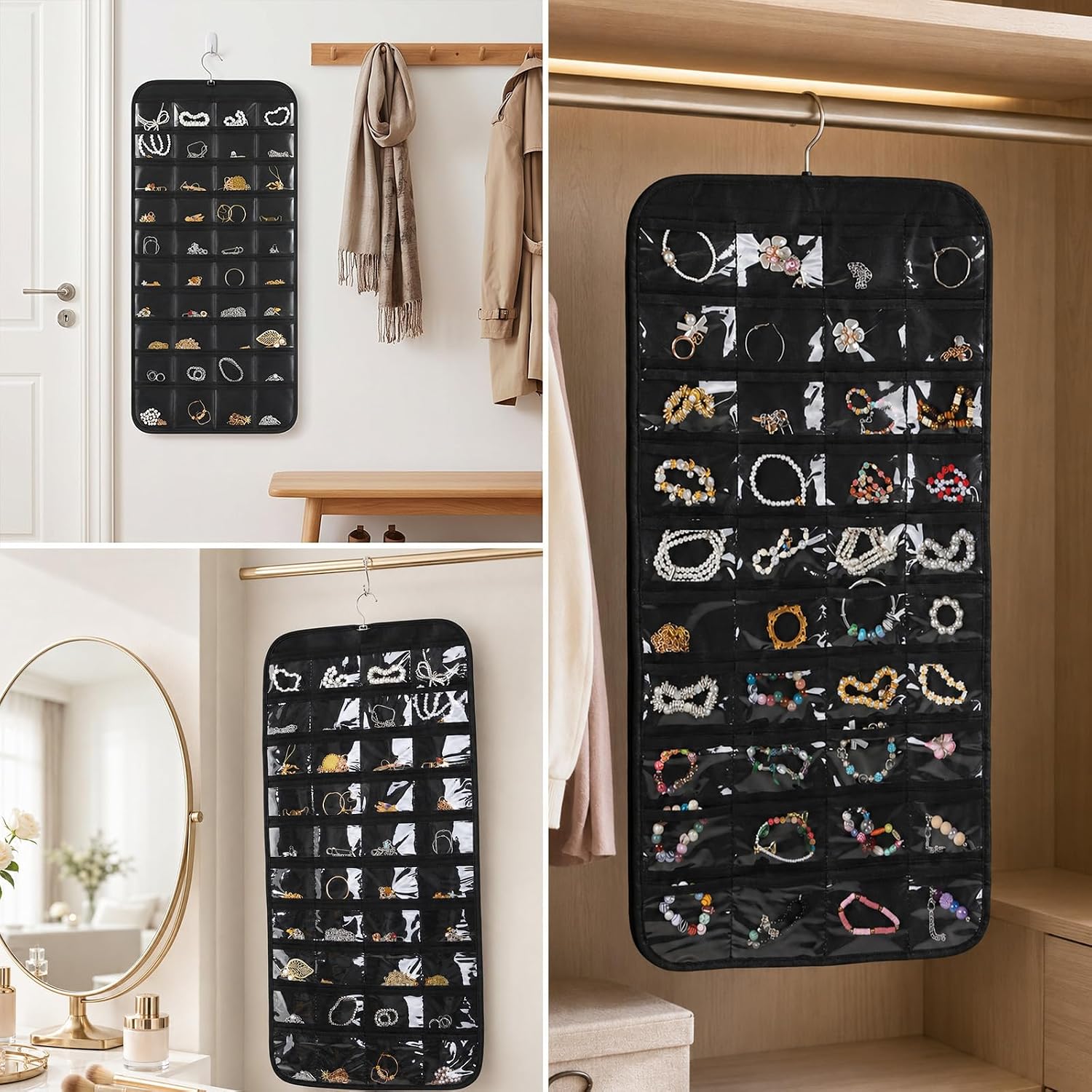 Hanging Jewelry Organizer Storage with Hanger Metal Hooks with 80 Pockets