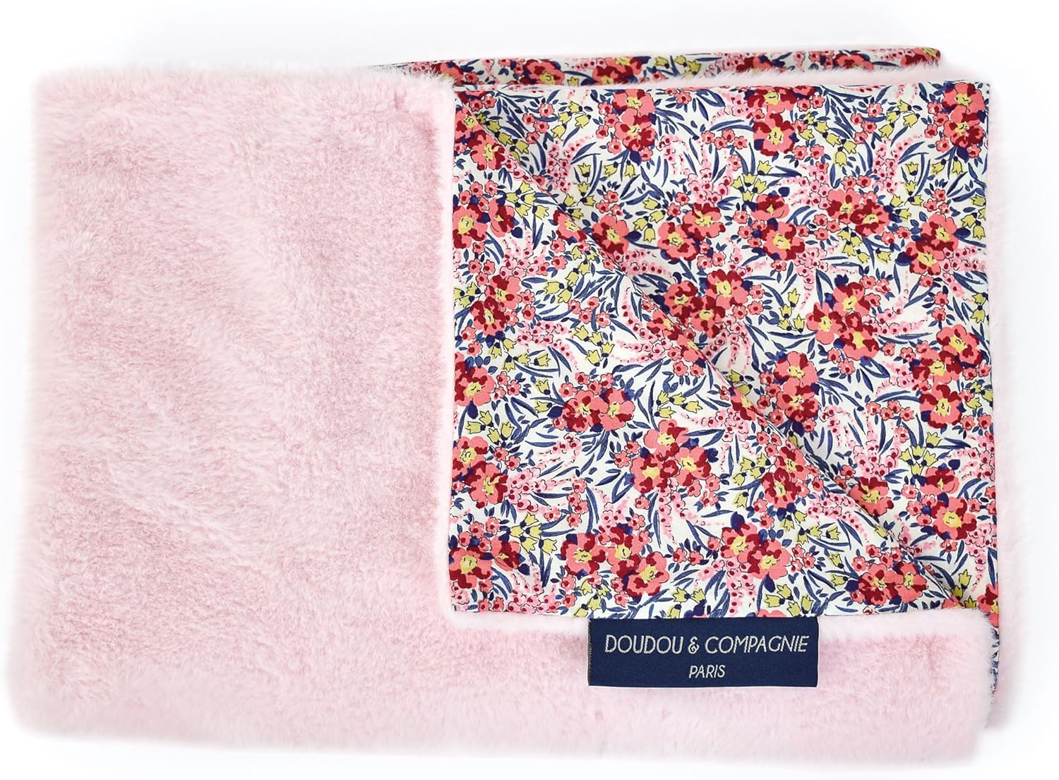 Doudou et Compagnie - Soft Pink and Floral Blanket - Bohemian Fawn Collection - 70 x 100 cm - Front Printed 100% Cotton - Pink Back 100% Plush - Comfort Nap - Baby Gift - DC4036