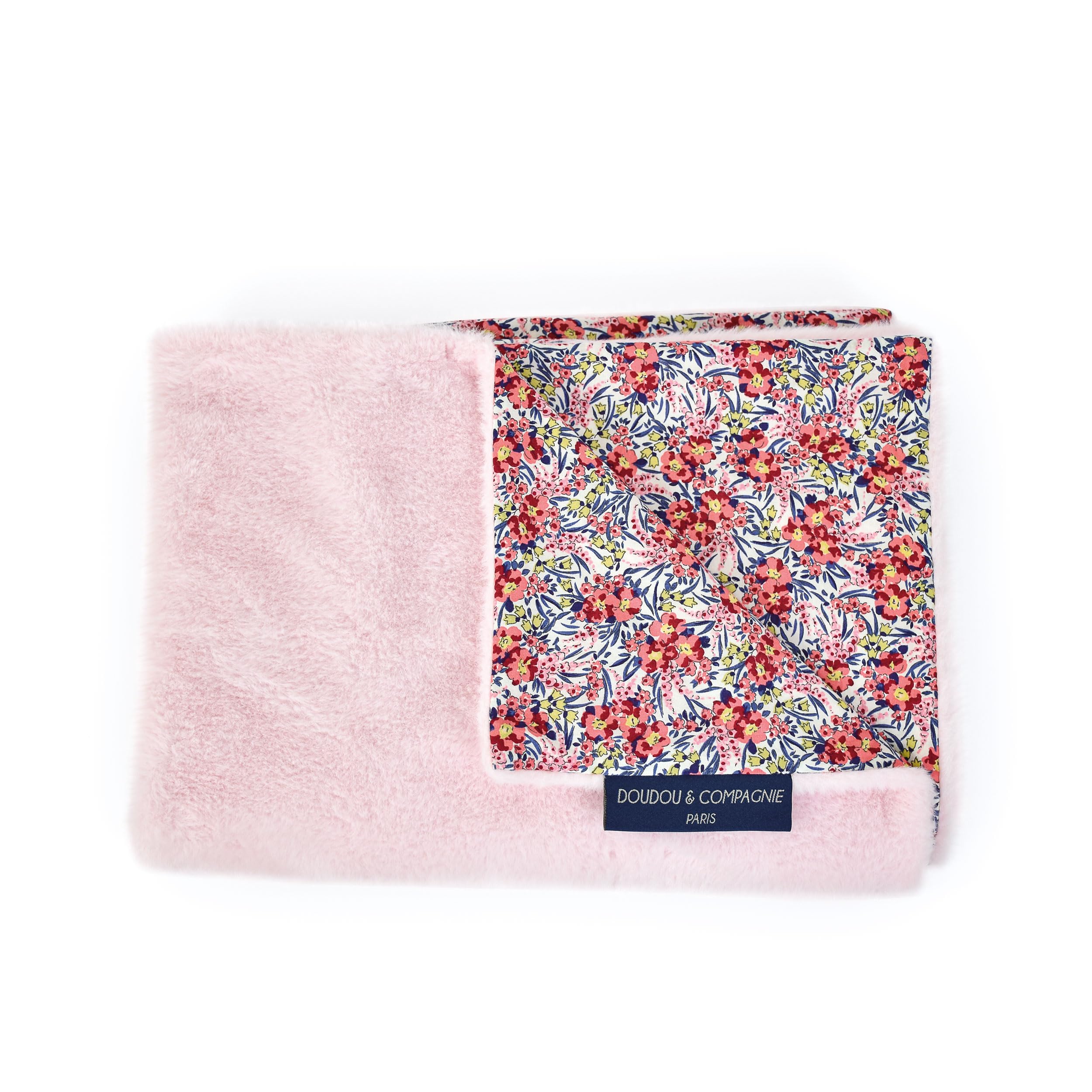 DOUDOU ET COMPAGNIE - Plaid Douceur Rose et Fleuri - Collection BOH'AIME FAON - 70 x 100 cm - Recto Imprimé 100% Coton - Verso Rose 100% Peluche - Sieste Confort - Cadeau naissance Bébé - DC4036