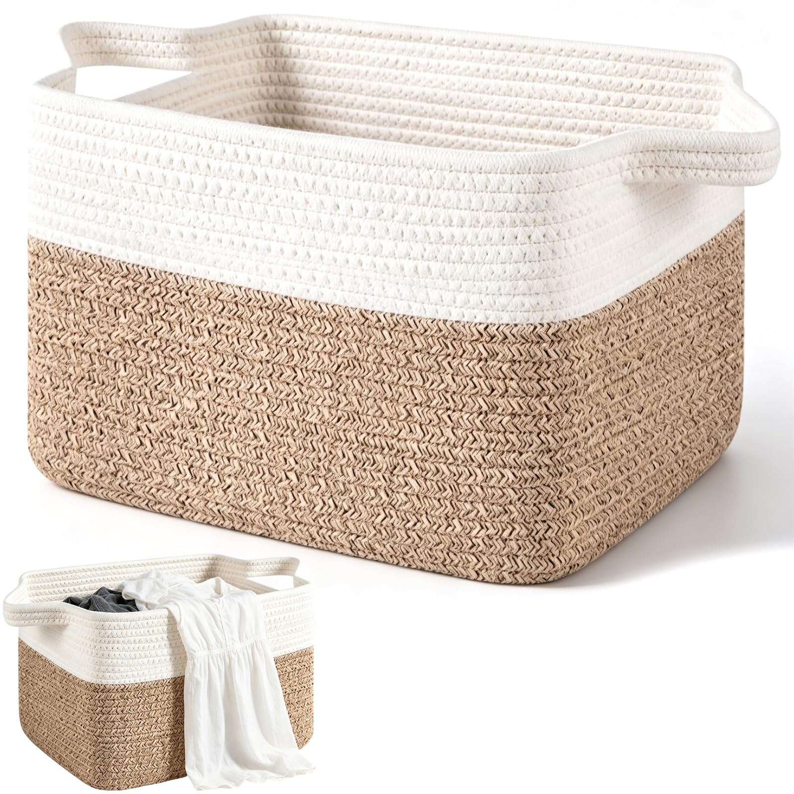 Cesto da 50 L in corda di cotone Umllpet, cesto per la lavanderia intrecciato con manici, pieghevole, per giocattoli e coperte, contenitore per biancheria, coperte, soggiorno, camera da letto, 48 x 34
