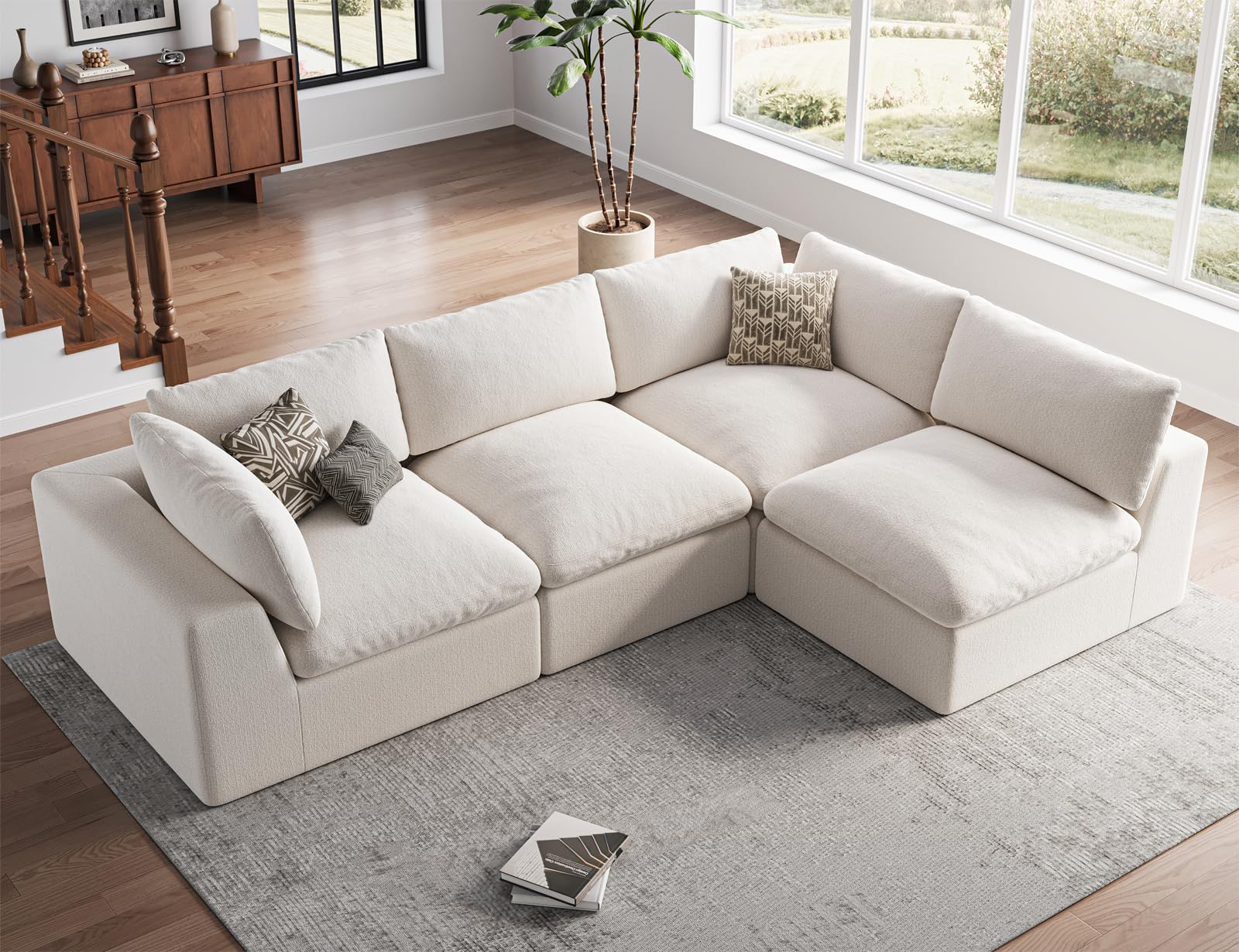 120" Cloud Sectional Couch | Oversize Boneless Couches for Living Room | 4 Seater Modern L-Shape Sofa | Ivory White