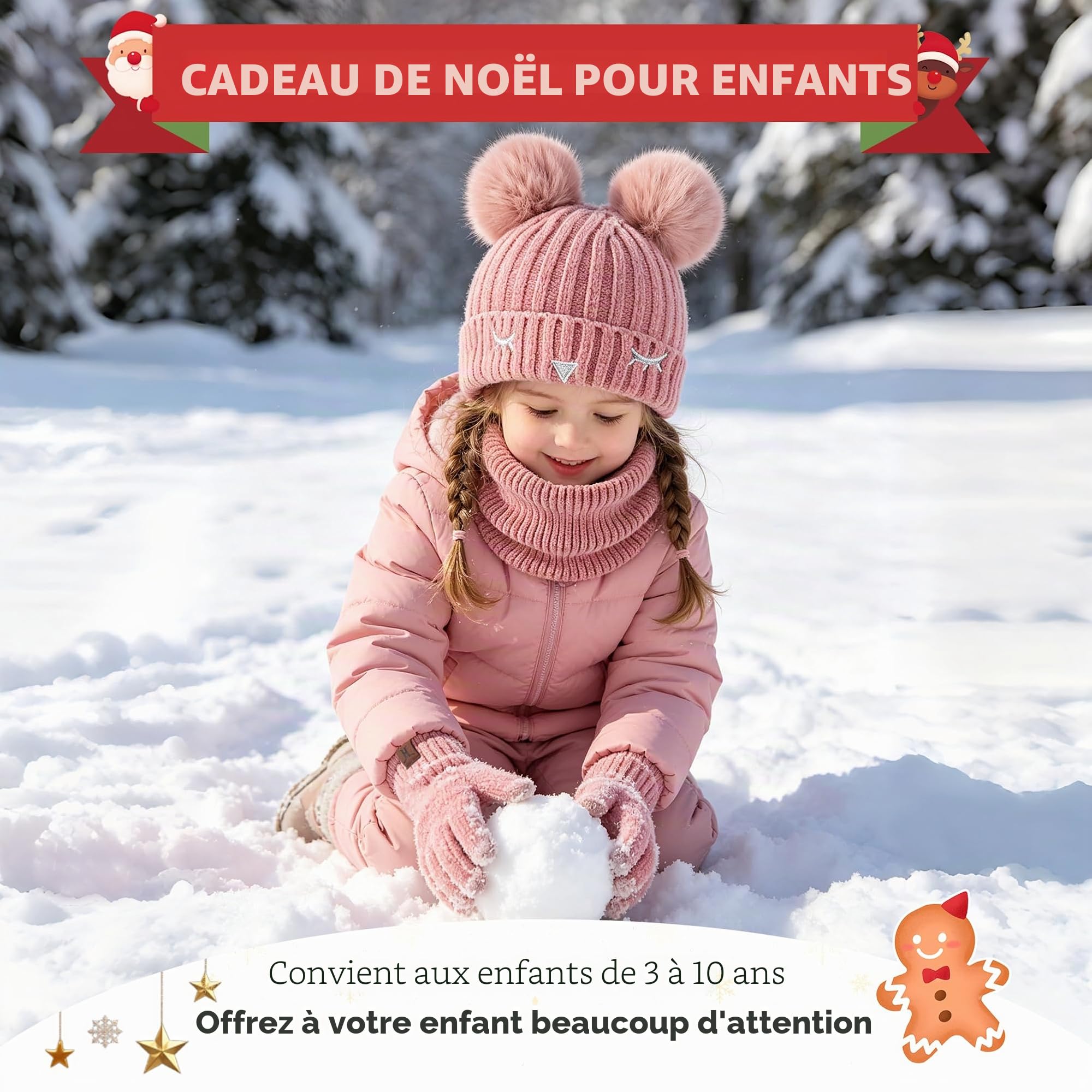 Bequemer Laden Enfants Garçons Filles Hiver Chaud Pompon Bonnet Gants Tactiles Écharpe Ensemble Tricot Chapeau Cache-Cou Avec Doublure Polaire pour 3-10 Ans Cadeaux Noel