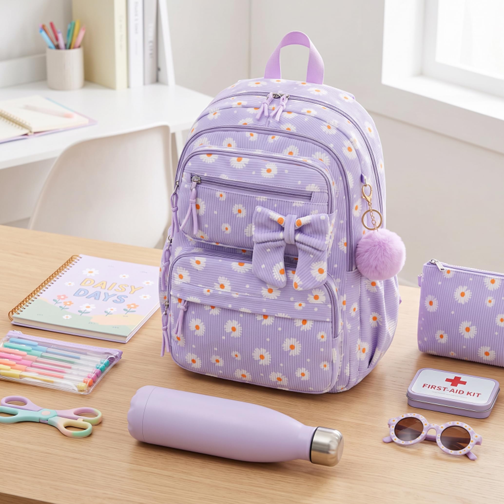 Zaino per ragazze da 3 pezzi/set con scatola per il pranzo e borsa con fiori carini con custodia Pecil viola