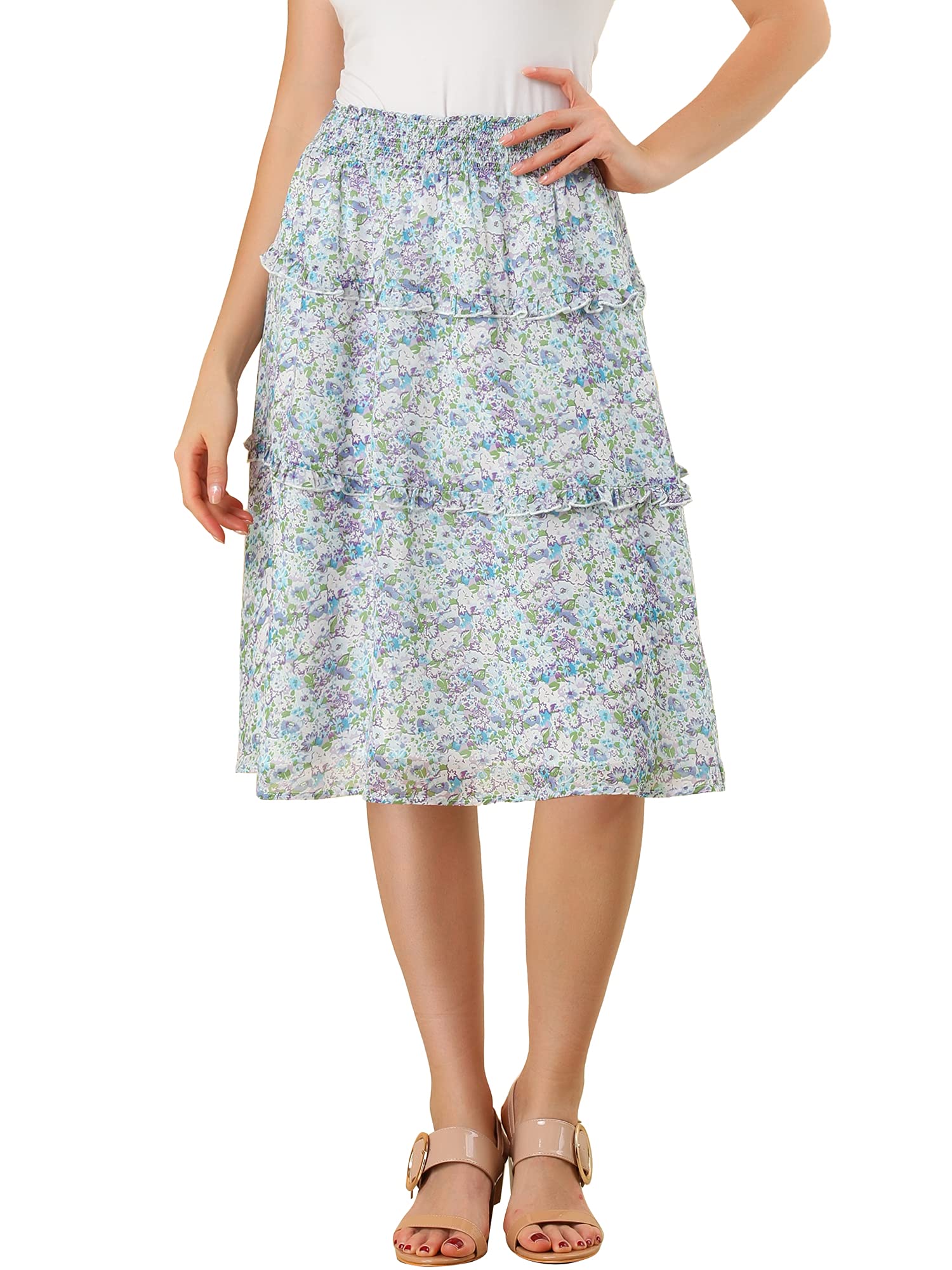 Allegra K Womens Summer Floral Chiffon Skirts Smocked Elastic Waist A-Line Below Knee Length Ruffle Tiered Skirt