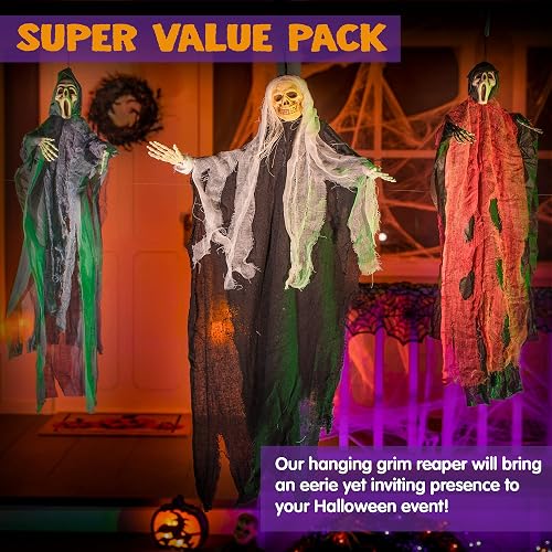 JOYIN 3 Pack Halloween Decorations: Skeleton Ghost & Grim Reapers (35" Hanging Ghost Skeleton, Two 25" Hanging Reapers) - 2