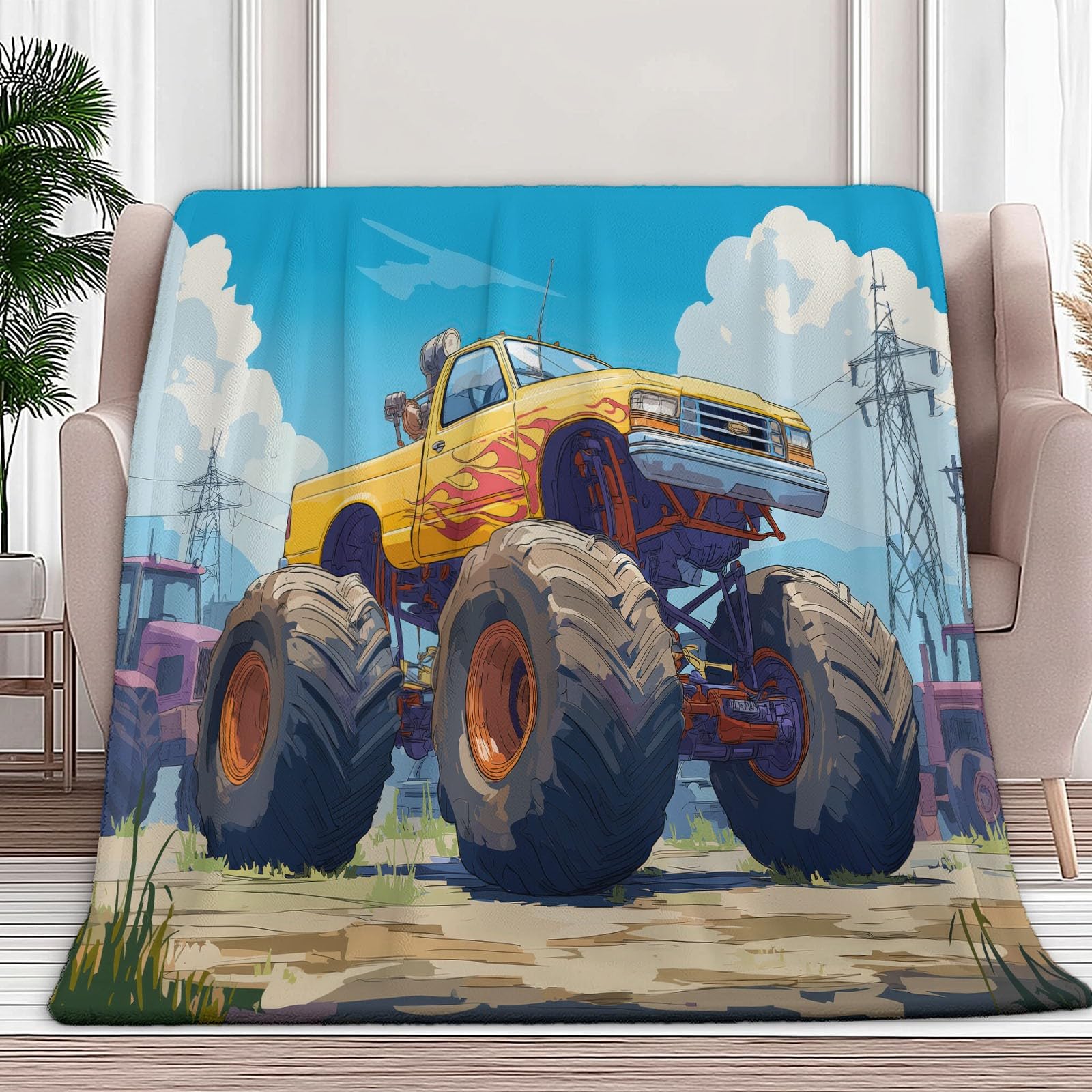 Generico Koc w kratę Polar Ciężarówka Zabawka Kreskówka 220 x 240 cm Miękka i przytulna flanelowa narzuta z polaru z nadrukiem 3D Koc na sofę, na łóżko, sofę, dla dzieci i dorosłych