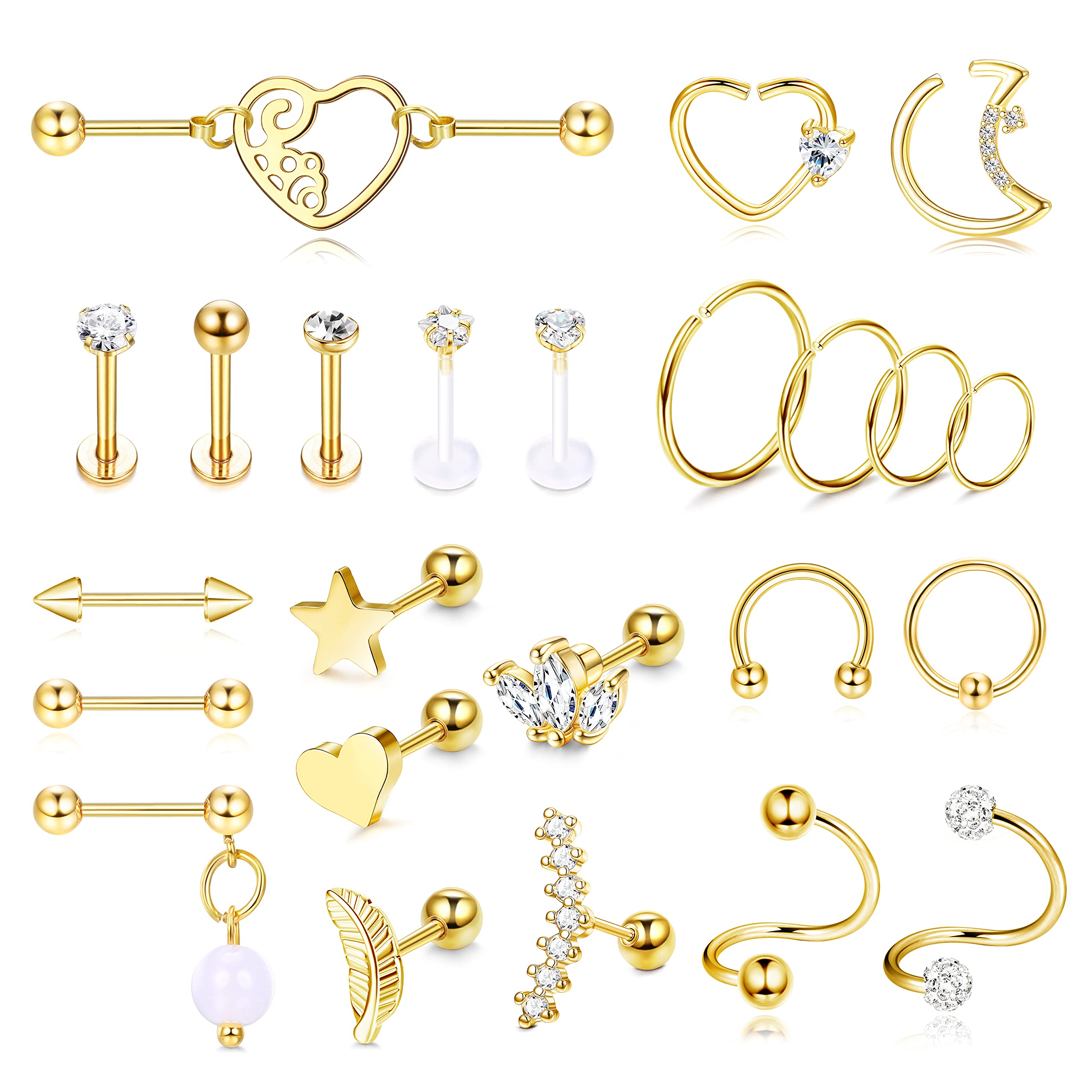 Kakonia 24 piezas 16G Pendientes de cartílago Stud Hoop para mujer Pendientes industriales de acero inoxidable Helix Piercing Tragus Pendientes Forward Conch Piercing Jewelry