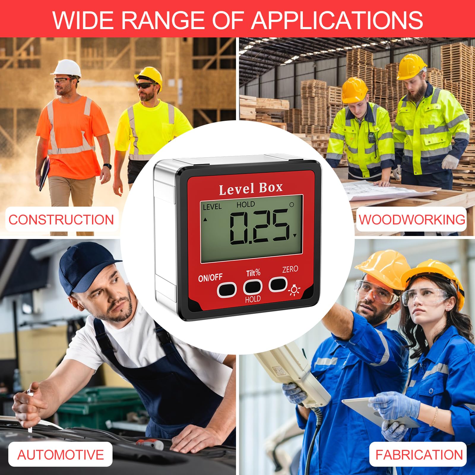 Gvolatee Goniometro Digitale Magnetico, Inclinometro Digitali Angolo 4 x 90°, Livella Professionale con Display LCD, Inclinometri Elettronica di Precisione, Level Box per Carpenteria, Edilizia
