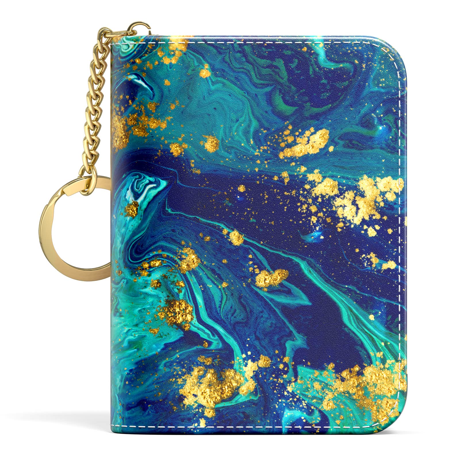 Aiawoxc Credit Card Holder for Women, Small RFID Wallet Slim Leather Card Organizer Case with Zipper and Keychain, Ocean Marble