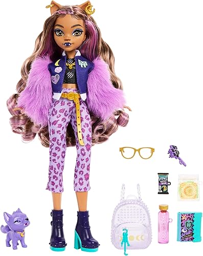Miniatura 5 de Monster High Muñeca Lobo Clawdeen con media luna de perro y accesorios como mochila, planificador, aperitivos y más