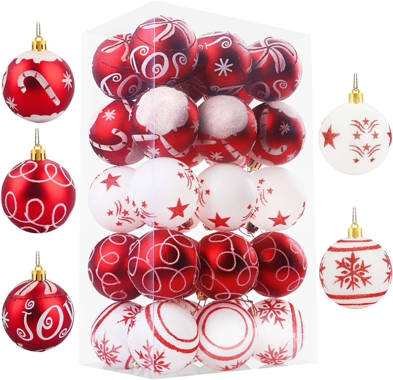 Christmas Tree Baubles Red and White 6cm 30pcs, Shatterproof Christmas