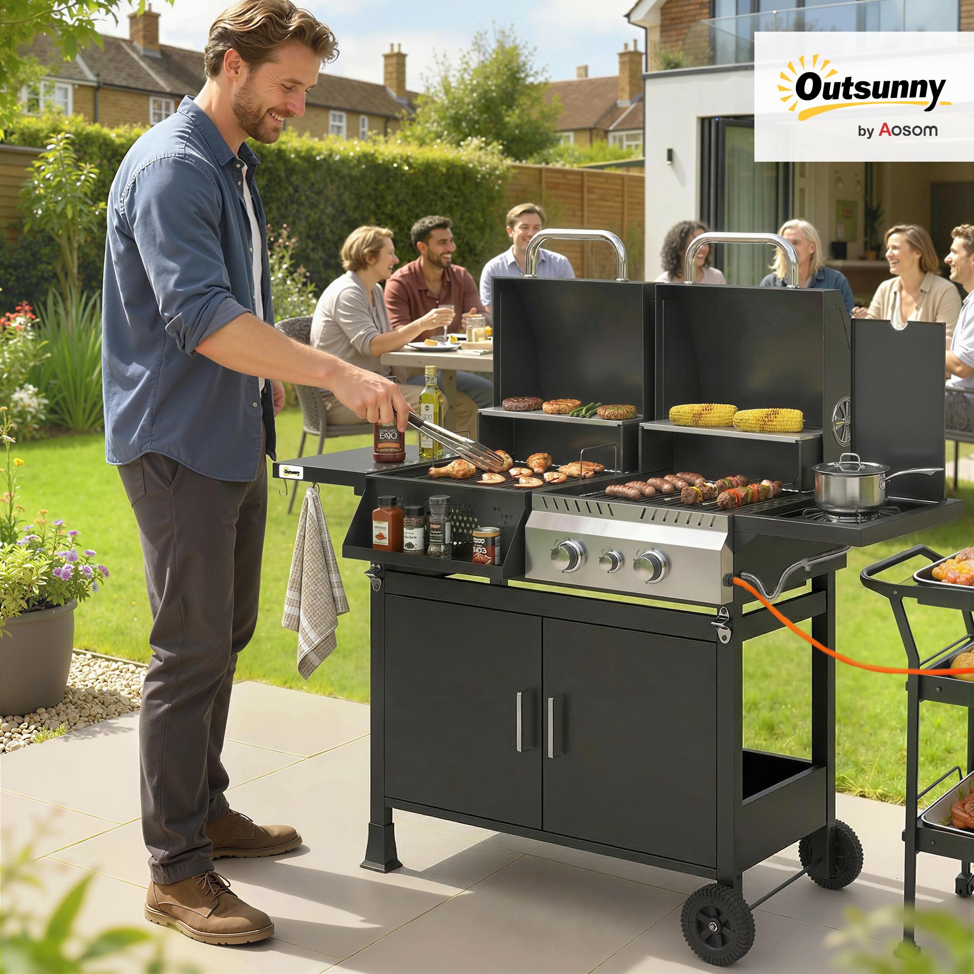 Outsunny Barbecue Hybride Gaz et Charbon de Bois - Barbecue Mixte 2 en 1 avec 3 Brûleurs et Feu Latéral - avec Thermomètre, Cabinet de Rangement et Décapsuleur, Noir