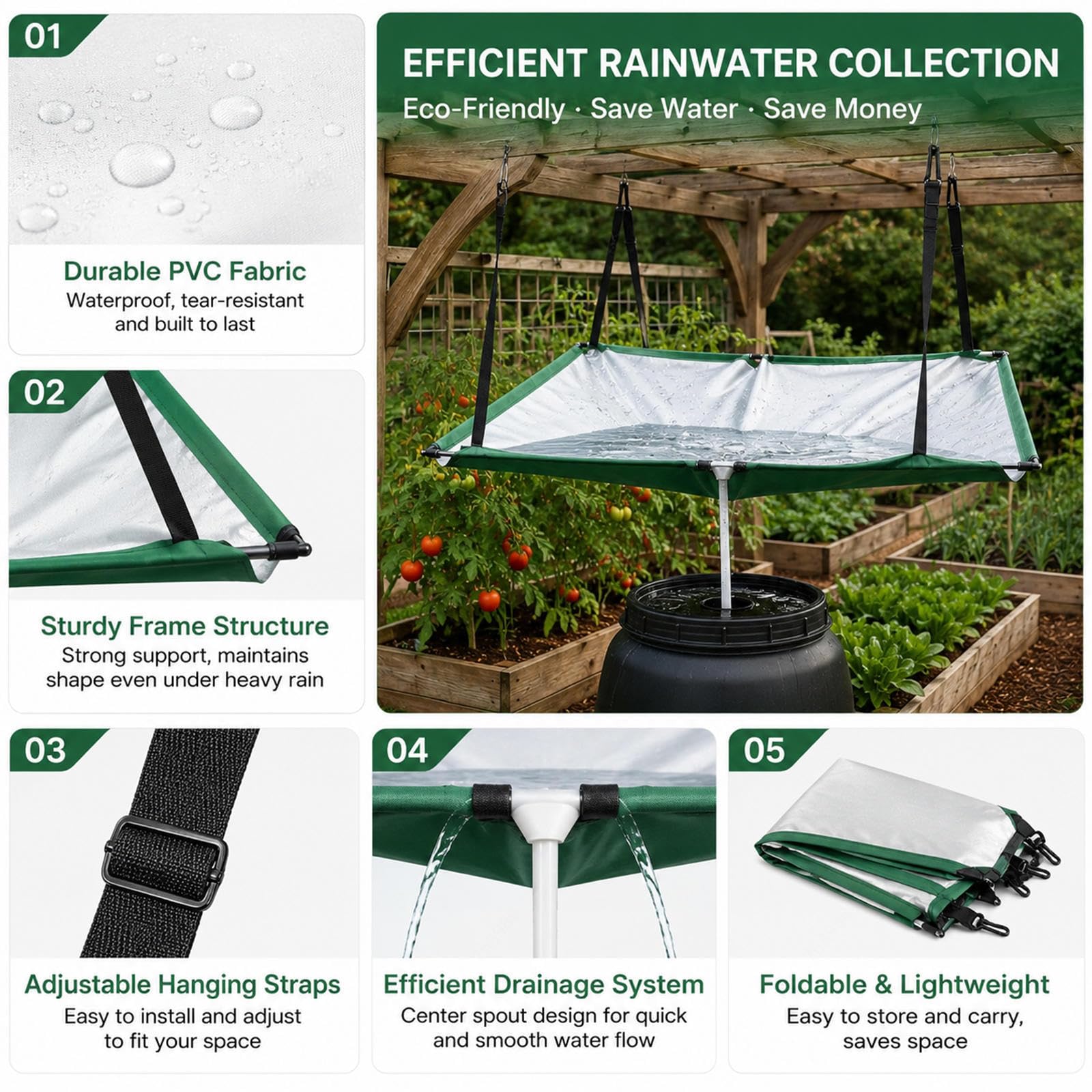 Raccoglitori D'acqua Piovana per Giardino Portatile E Facile Da Riporre Raccoglitore Di Acqua Piovana Per Prato, Cortile, Giardino, Balcone E Campeggio,5pc