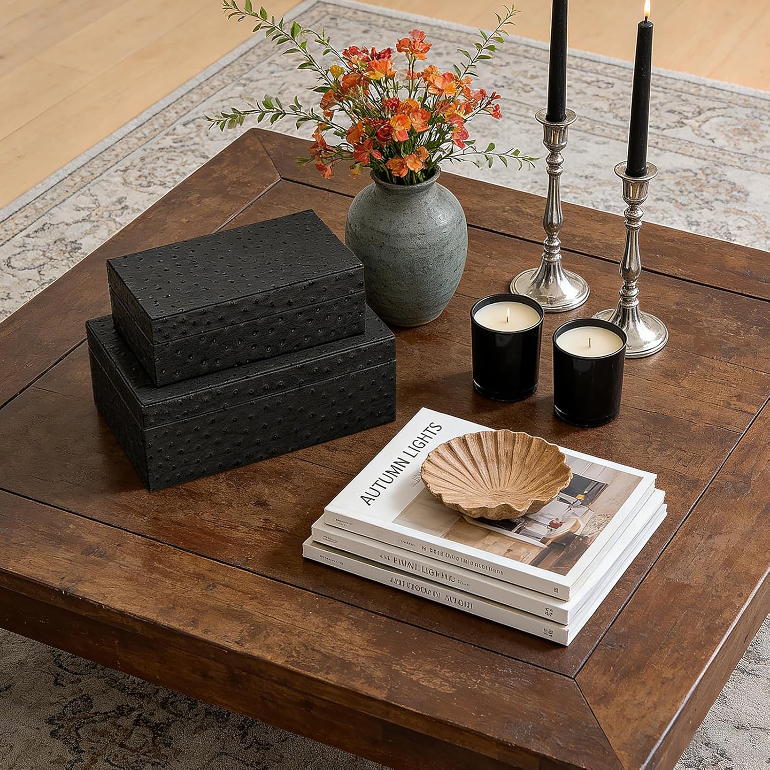 Decorative Storage Boxes Set of 2 Faux Ostrich Leather Decorative Boxes with Lids Large Nesting Jewelry Boxes, Photo Memory Box Modern Home Decor