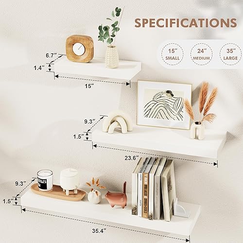 Miniatura 3 de Merapi Estantes flotantes, juego de 3 estantes de pared para baño, dormitorio, estante colgante grueso para almacenamiento en la pared, estantes de